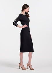 STRETCH CREPE MIDI WITH CRYSTAL FLOWERS BLACK