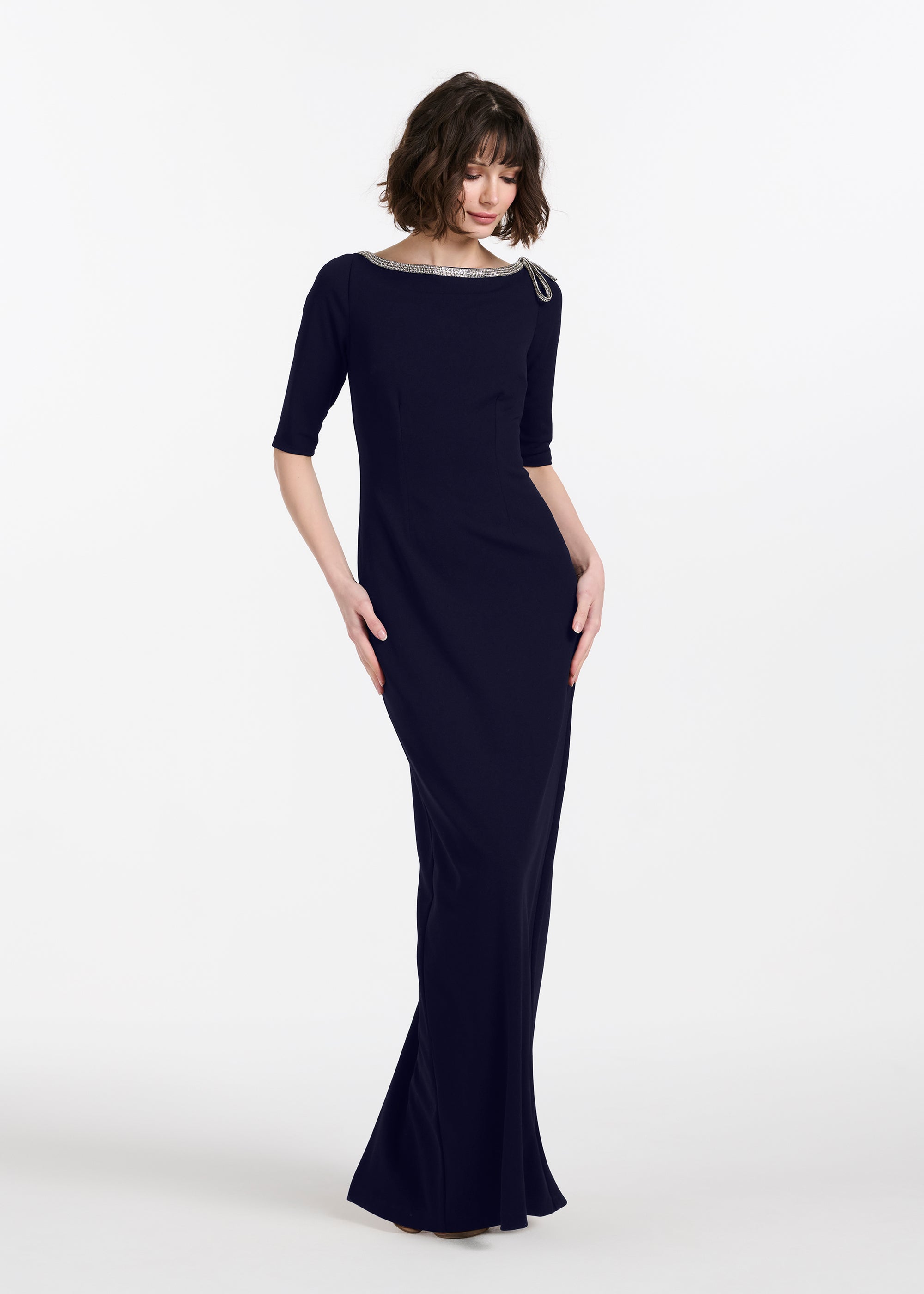 STRETCH CREPE JEWLED NECK COLUMN GOWN WITH CRYSTAL BOW RED