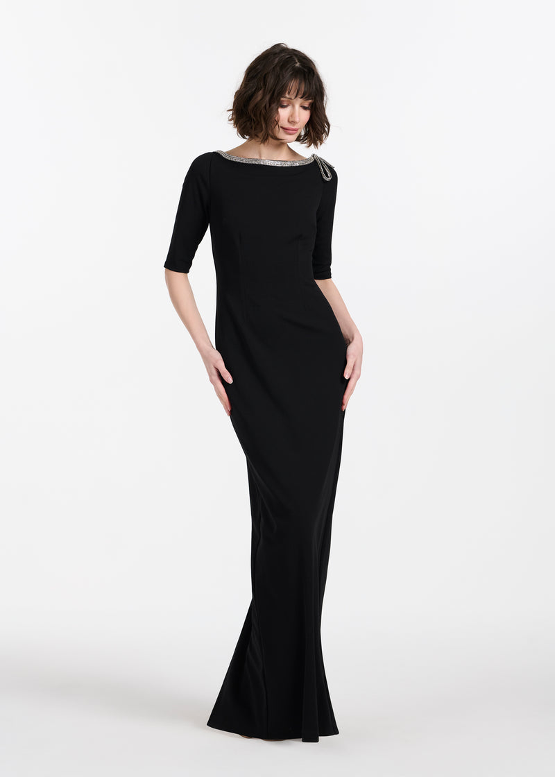 STRETCH CREPE JEWLED NECK COLUMN GOWN WITH CRYSTAL BOW BLACK
