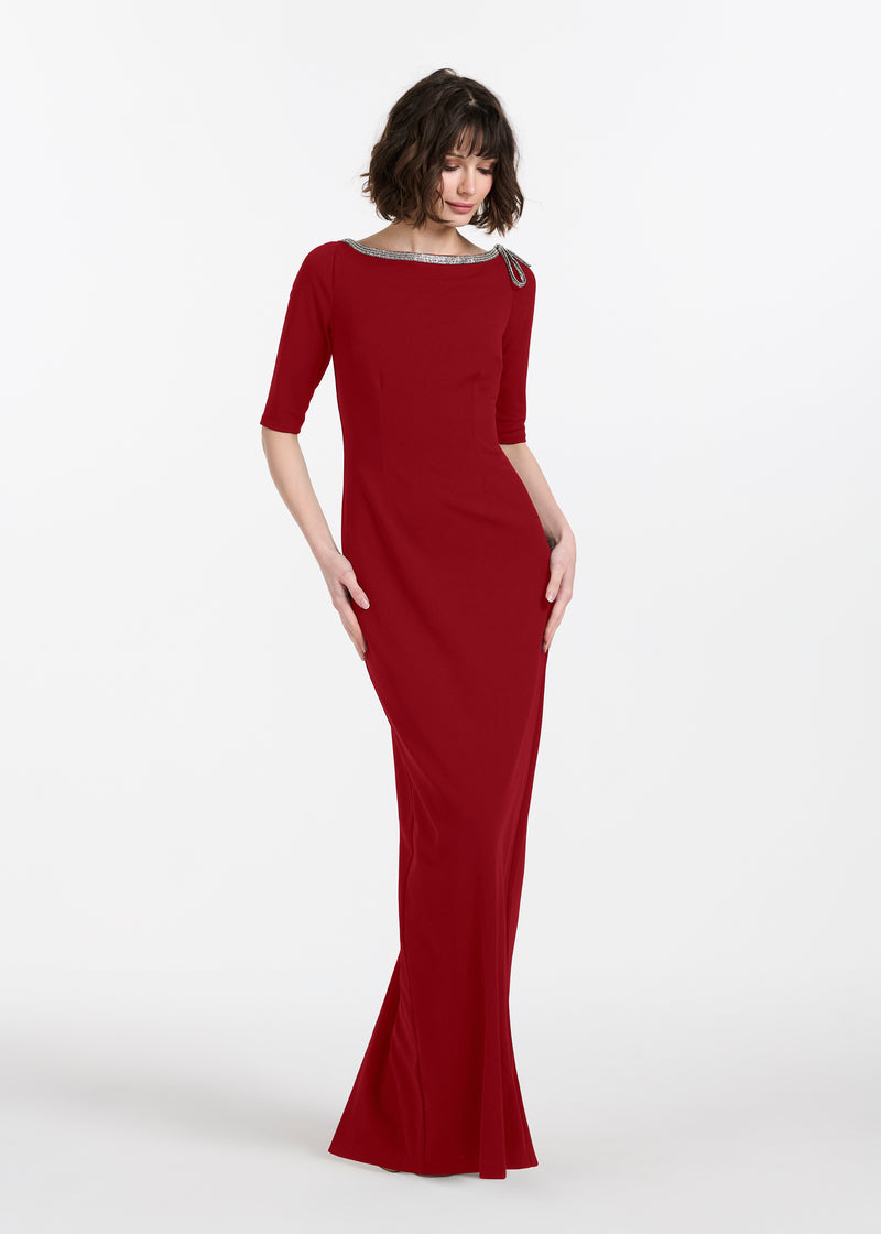 STRETCH CREPE JEWLED NECK COLUMN GOWN WITH CRYSTAL BOW RED