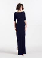 STRETCH CREPE JEWLED NECK COLUMN GOWN WITH CRYSTAL BOW RED