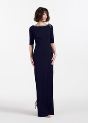 STRETCH CREPE JEWLED NECK COLUMN GOWN WITH CRYSTAL BOW RED