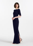 STRETCH CREPE JEWLED NECK COLUMN GOWN WITH CRYSTAL BOW RED