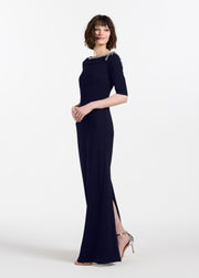 STRETCH CREPE JEWLED NECK COLUMN GOWN WITH CRYSTAL BOW RED