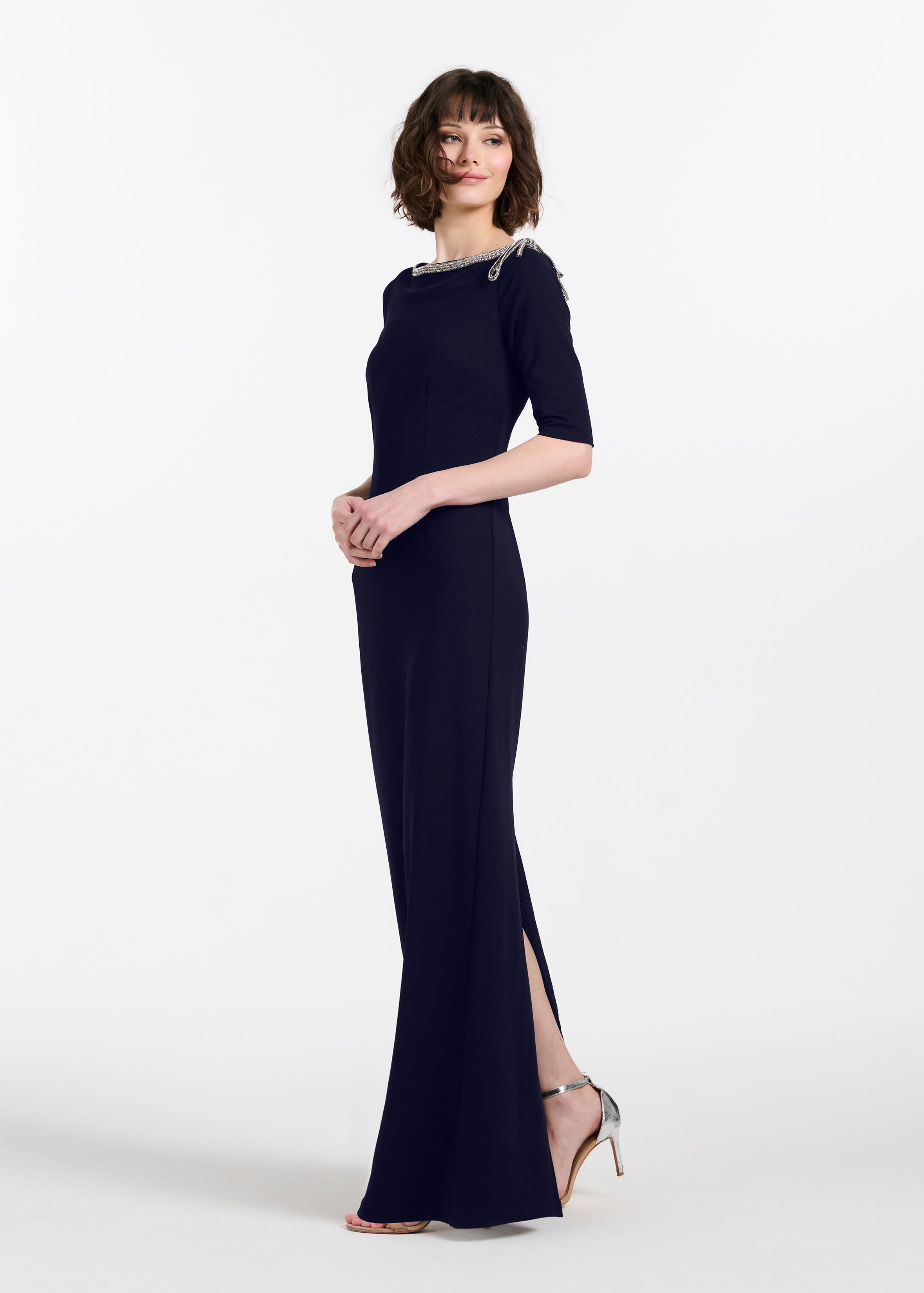 STRETCH CREPE JEWLED NECK COLUMN GOWN WITH CRYSTAL BOW RED
