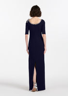 STRETCH CREPE JEWLED NECK COLUMN GOWN WITH CRYSTAL BOW RED