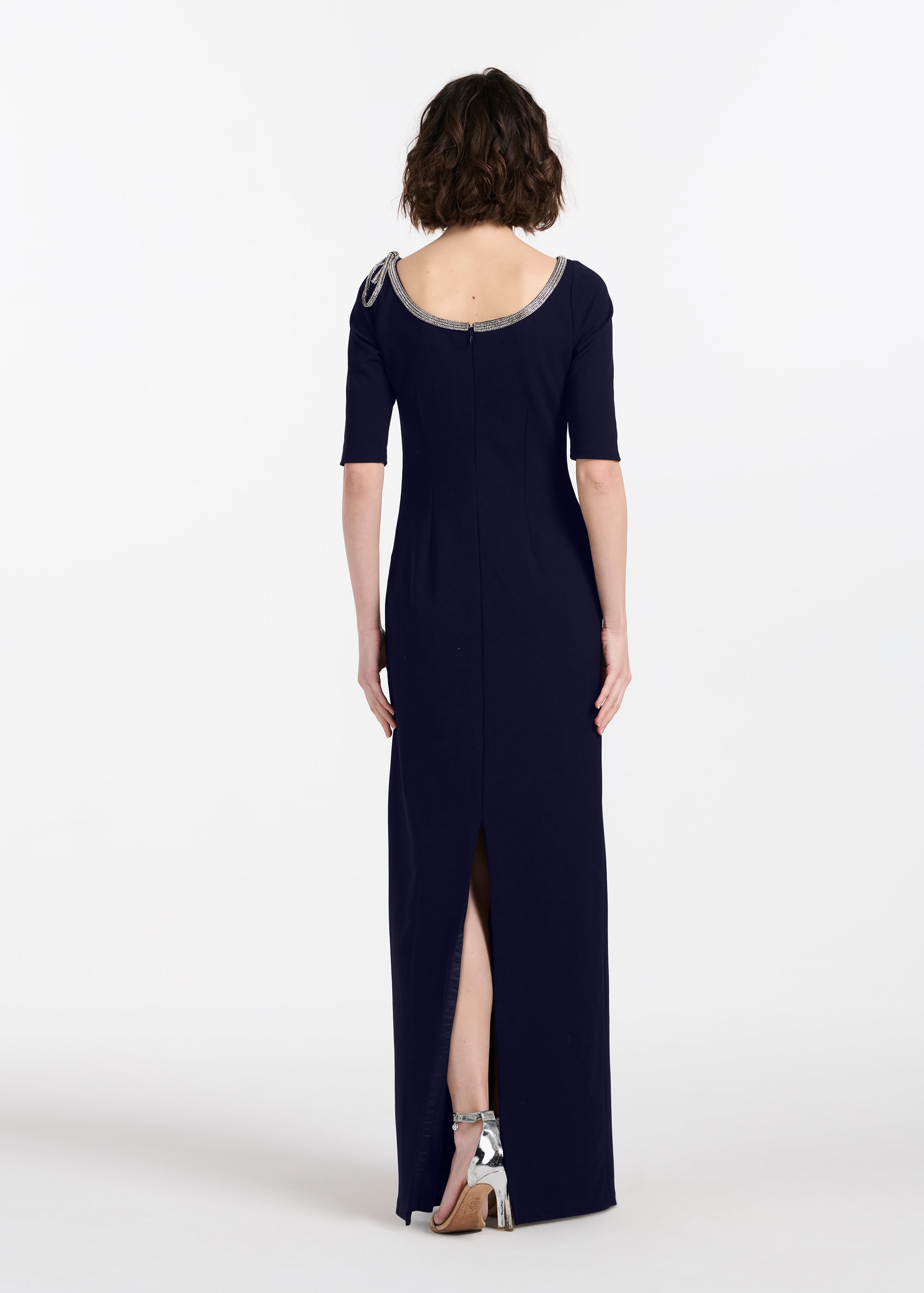 STRETCH CREPE JEWLED NECK COLUMN GOWN WITH CRYSTAL BOW RED