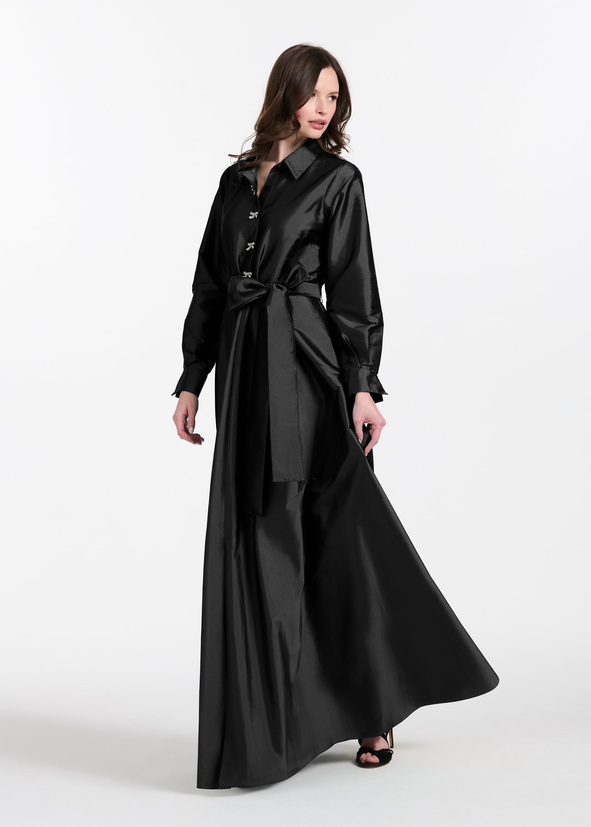 TAFFETA ALINE GOWN WITH CRYSTAL BUTTONS SILVER