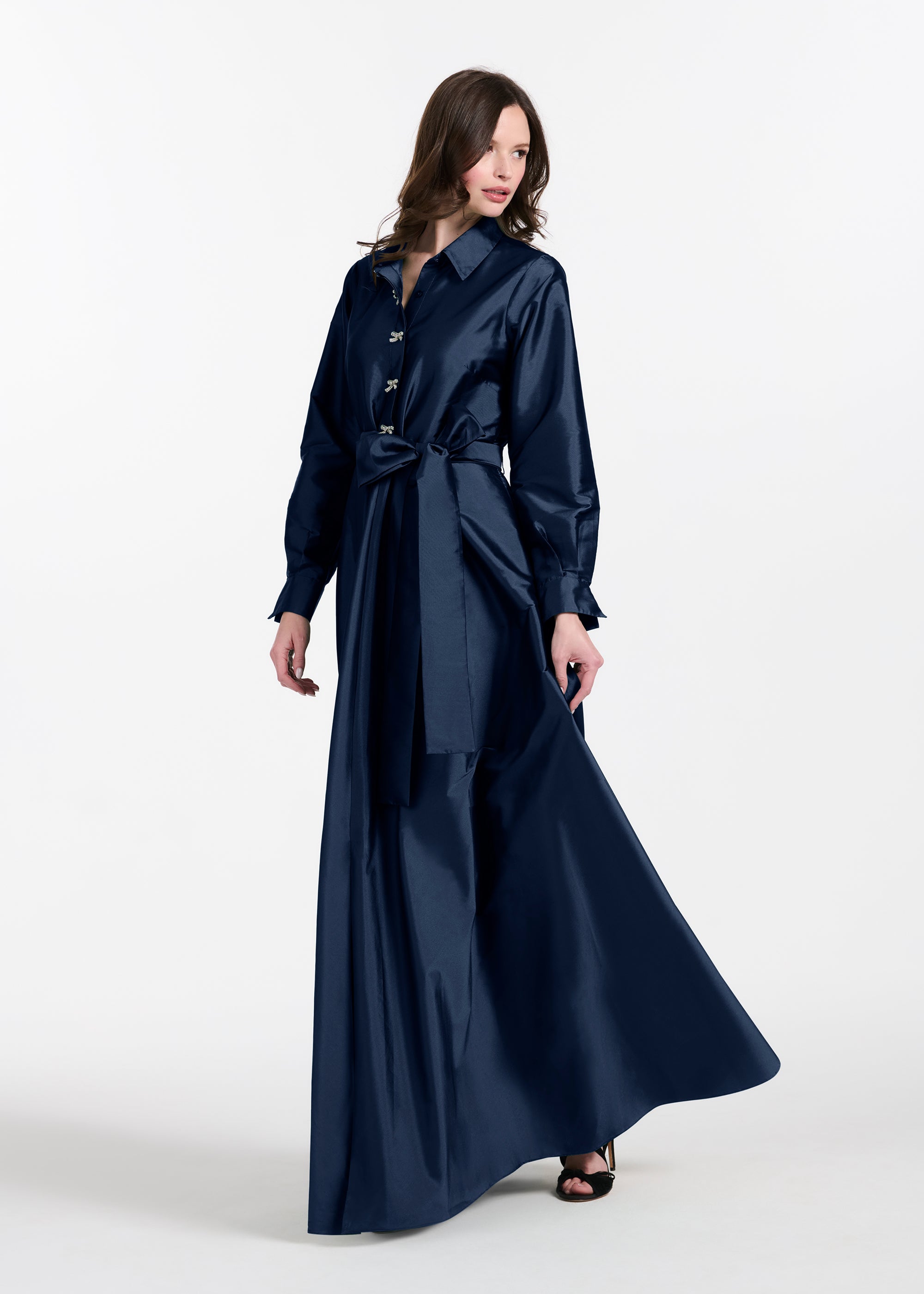 TAFFETA ALINE GOWN WITH CRYSTAL BUTTONS SILVER
