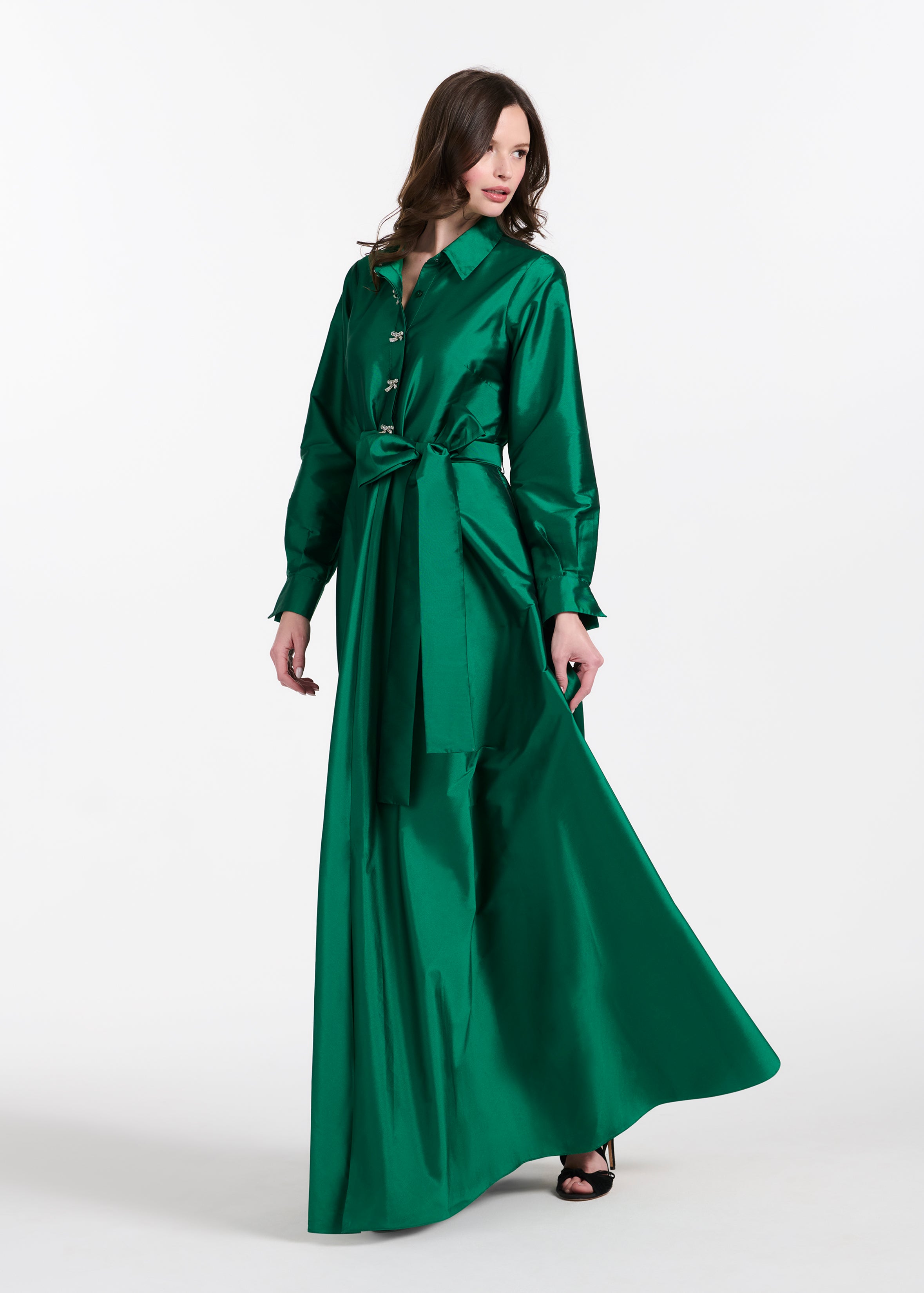 TAFFETA ALINE GOWN WITH CRYSTAL BUTTONS SILVER