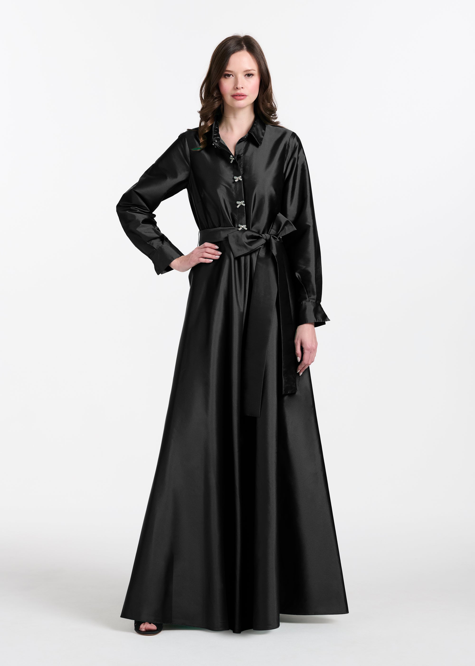 TAFFETA ALINE GOWN WITH CRYSTAL BUTTONS SILVER
