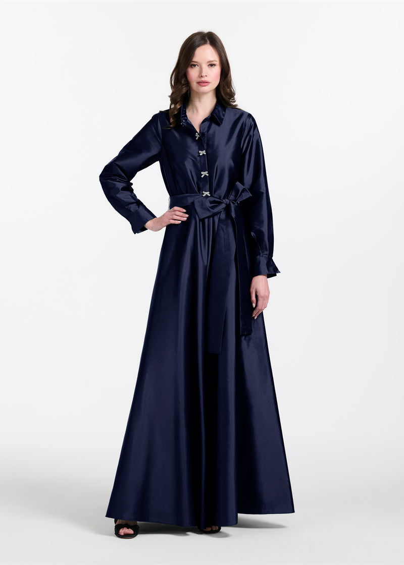 TAFFETA ALINE GOWN WITH CRYSTAL BUTTONS NAVY