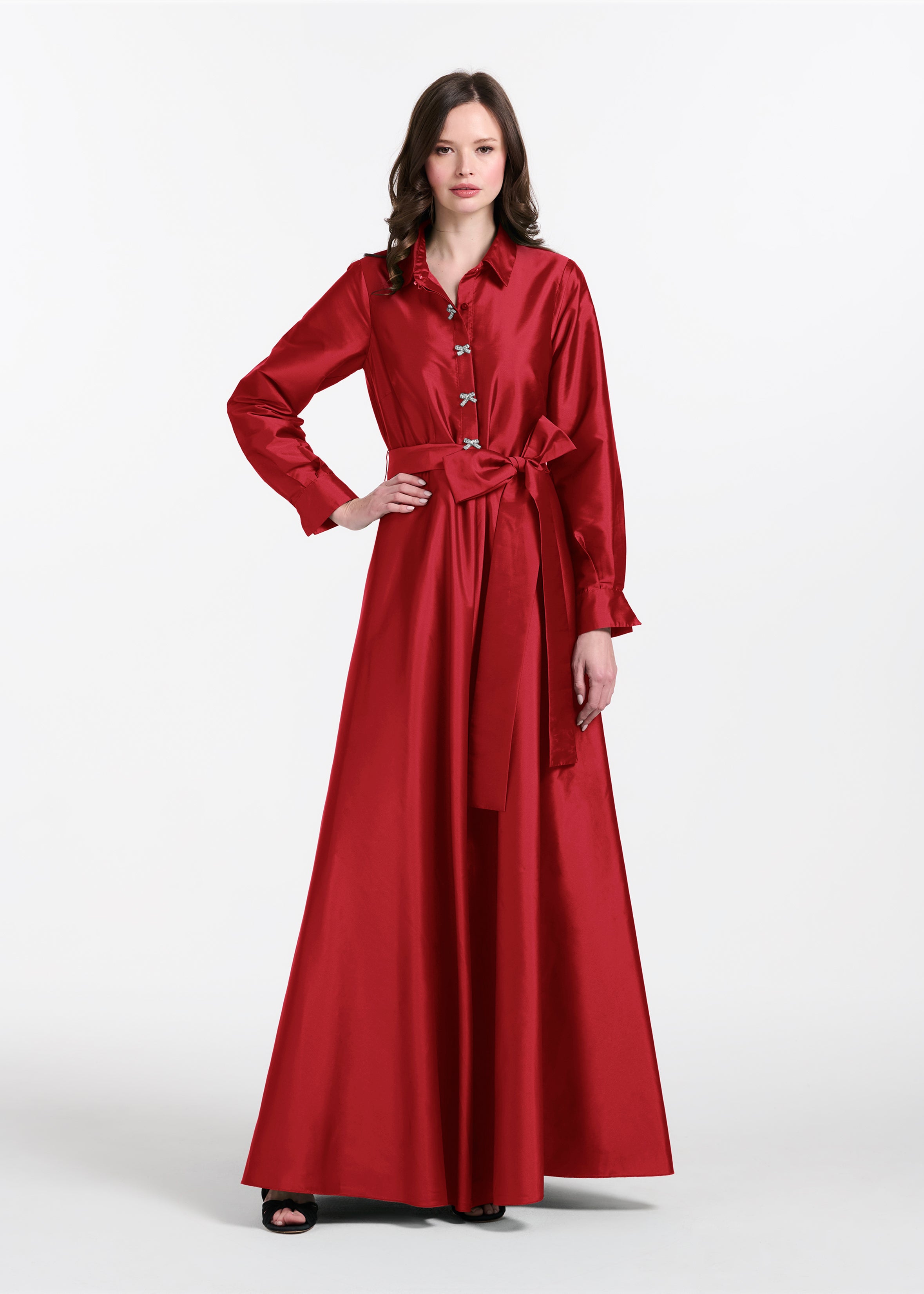TAFFETA ALINE GOWN WITH CRYSTAL BUTTONS SILVER
