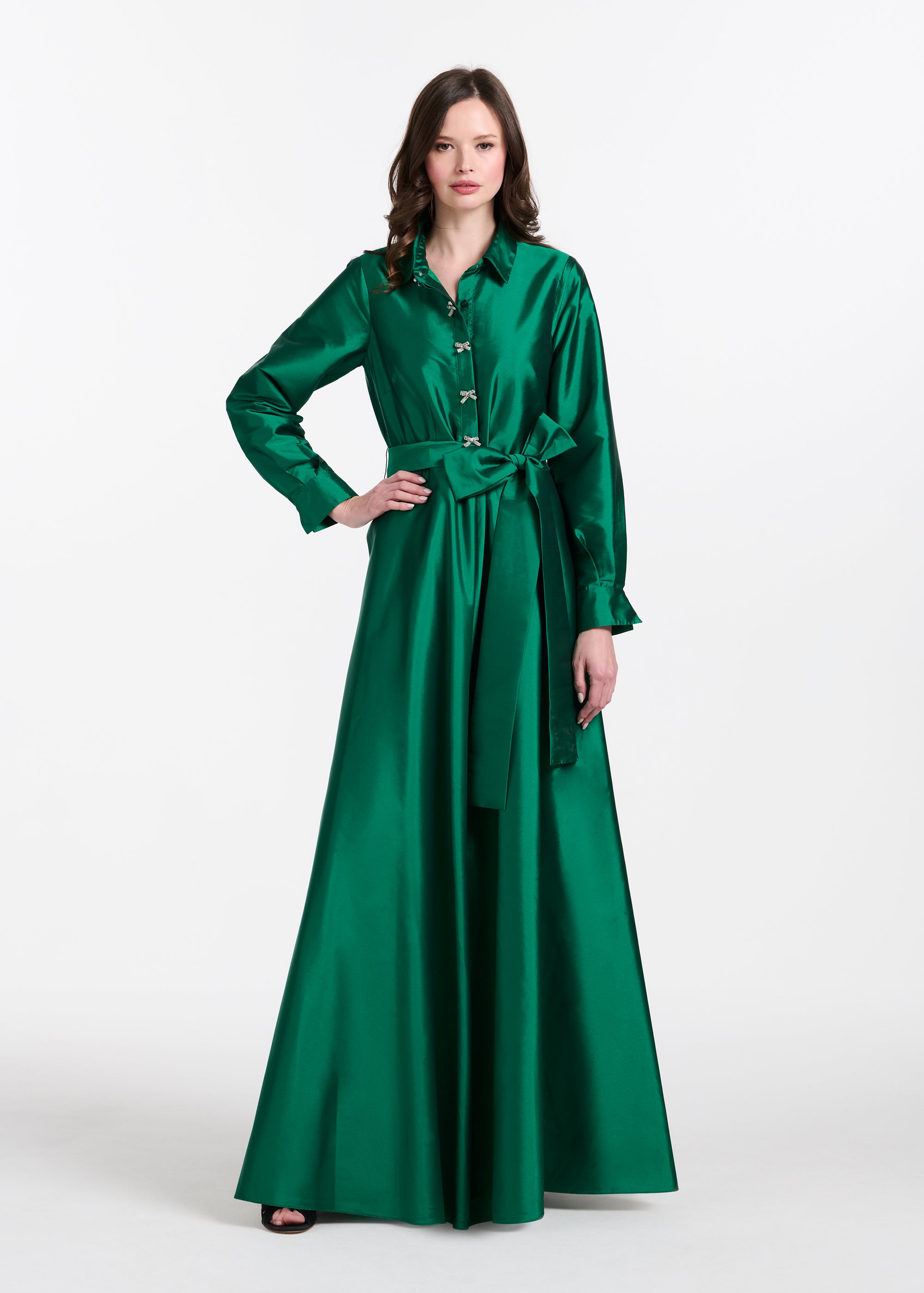 TAFFETA ALINE GOWN WITH CRYSTAL BUTTONS SILVER