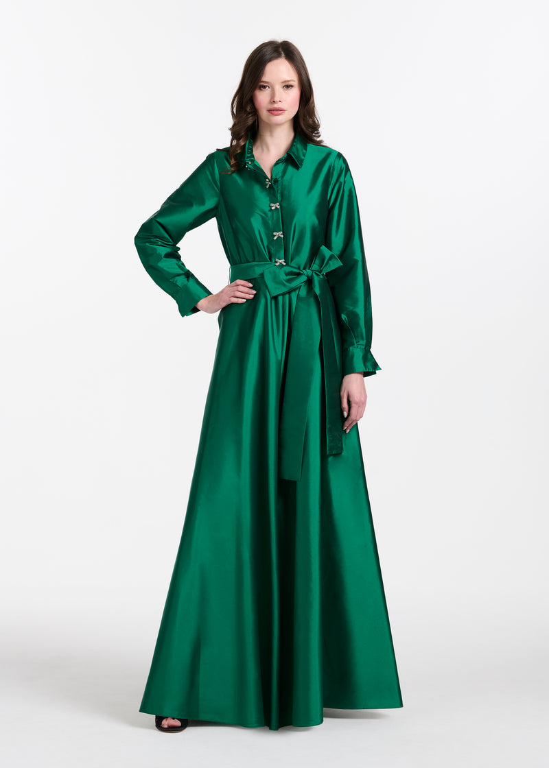 Taffeta Aline Gown With Crystal Buttons Emerald