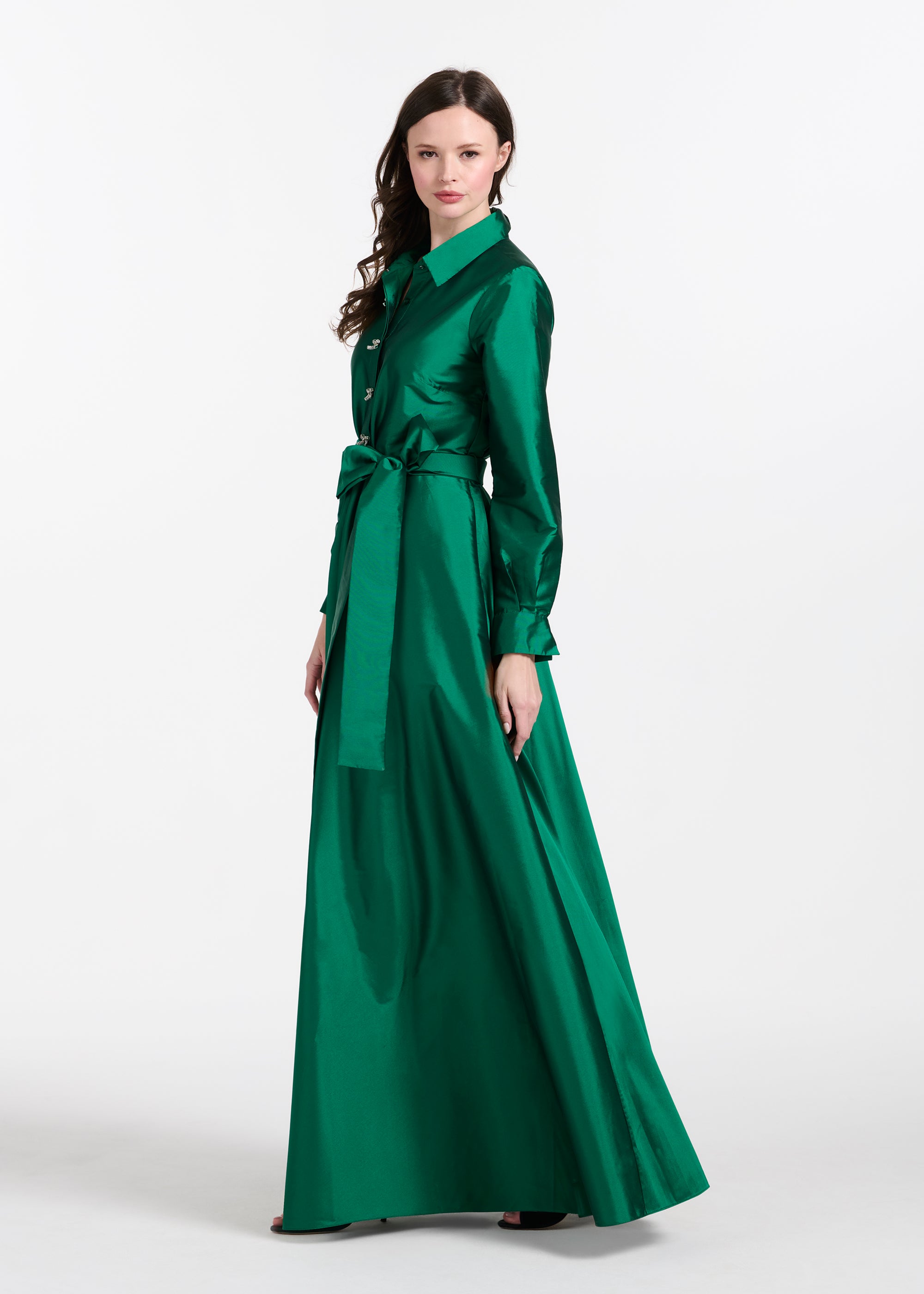 TAFFETA ALINE GOWN WITH CRYSTAL BUTTONS SILVER