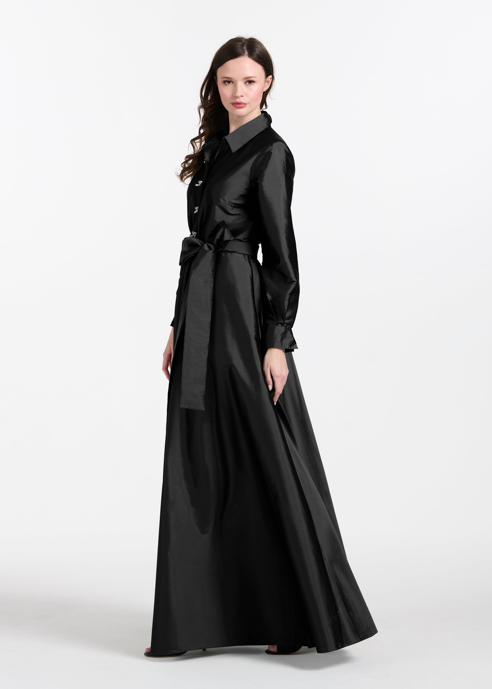 TAFFETA ALINE GOWN WITH CRYSTAL BUTTONS SILVER