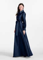 TAFFETA ALINE GOWN WITH CRYSTAL BUTTONS SILVER