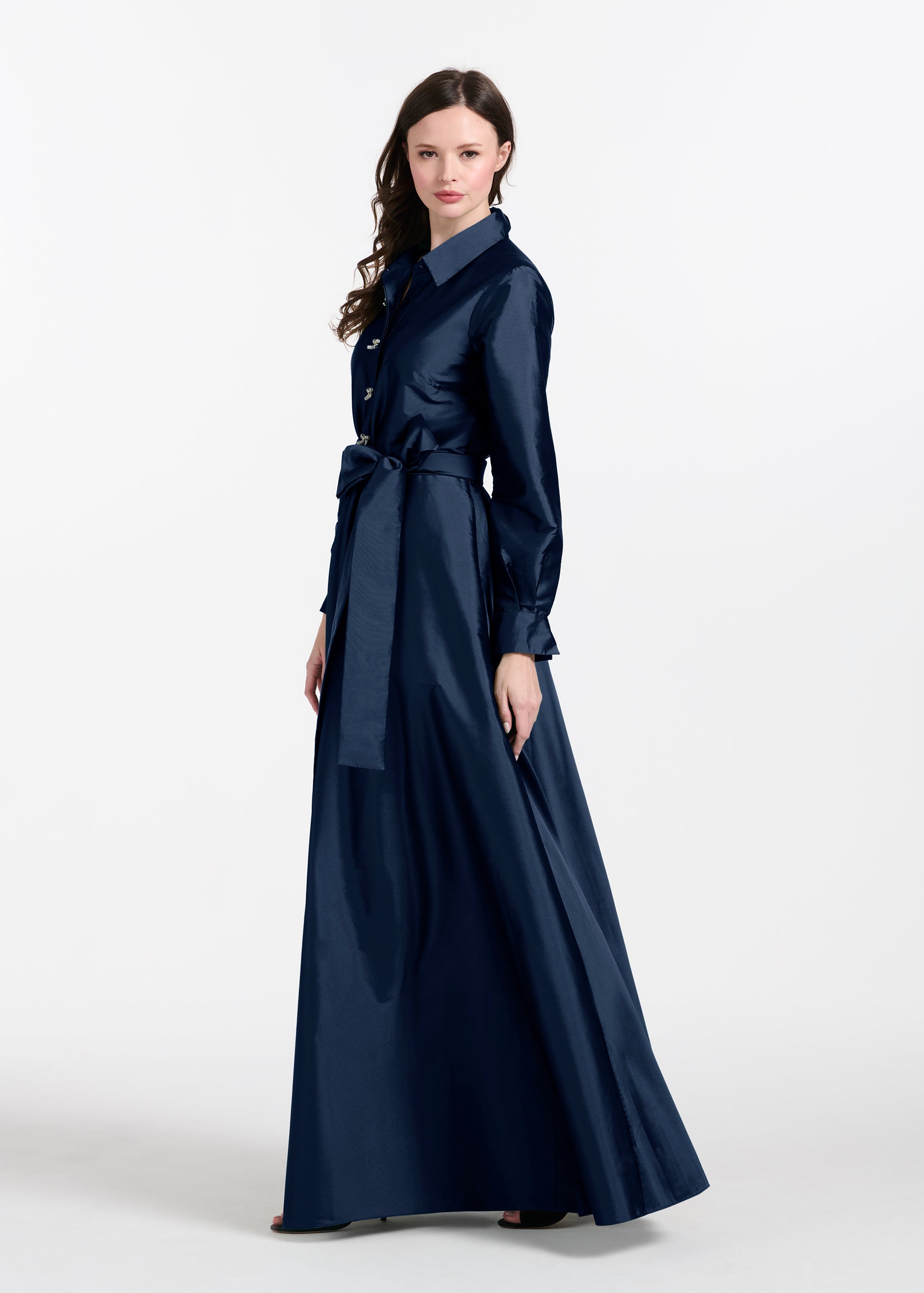 TAFFETA ALINE GOWN WITH CRYSTAL BUTTONS SILVER