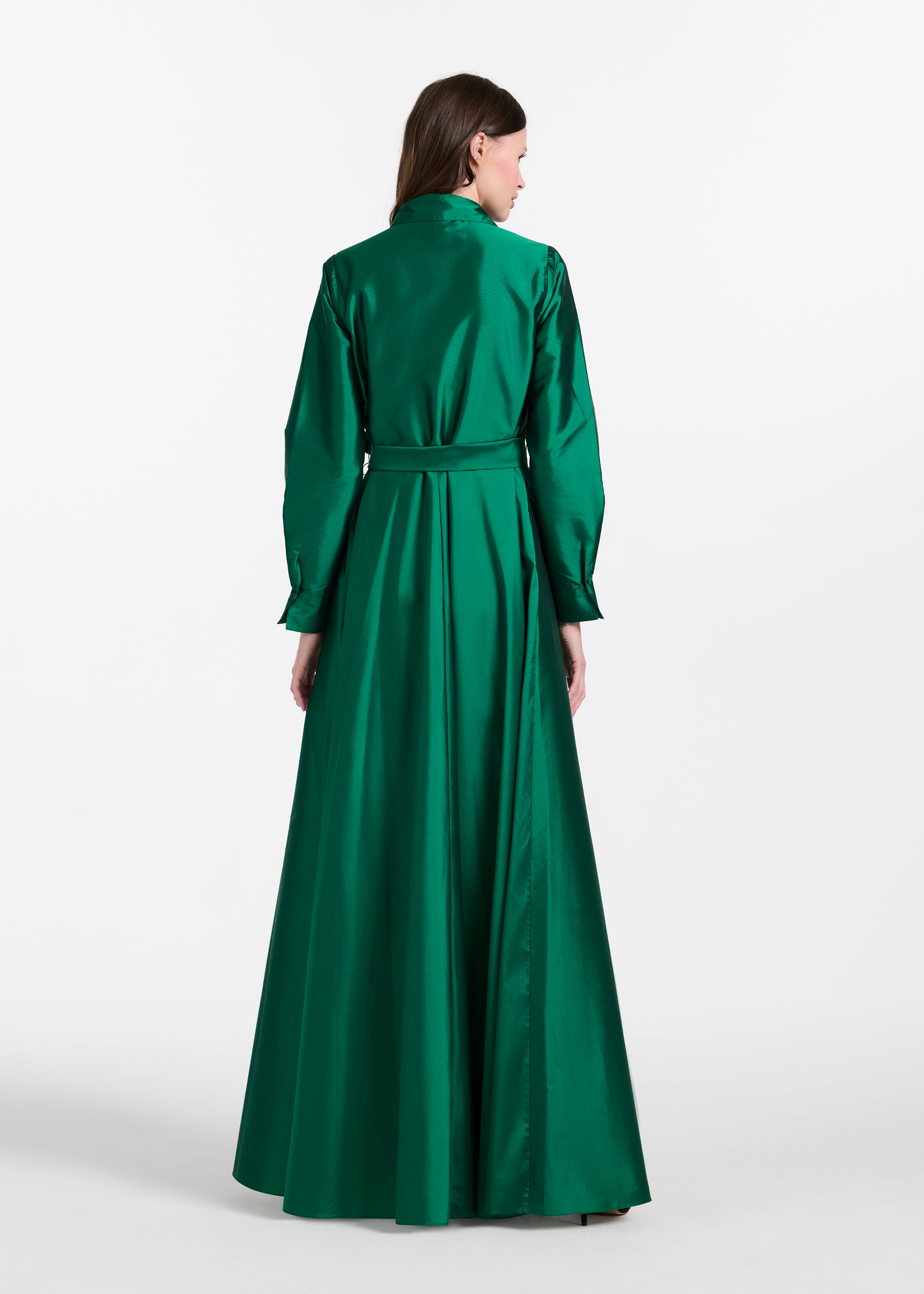 TAFFETA ALINE GOWN WITH CRYSTAL BUTTONS SILVER