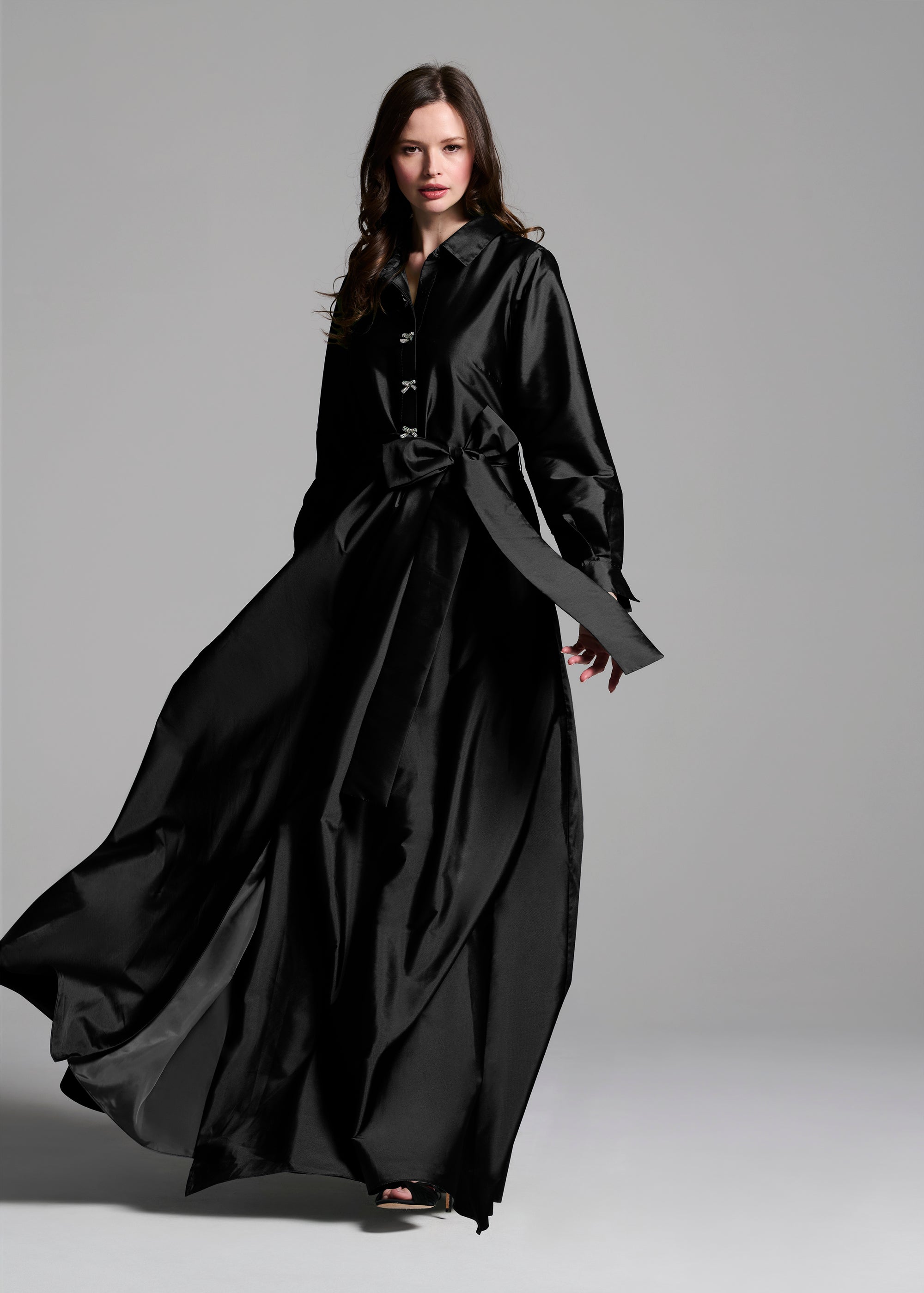 TAFFETA ALINE GOWN WITH CRYSTAL BUTTONS SILVER