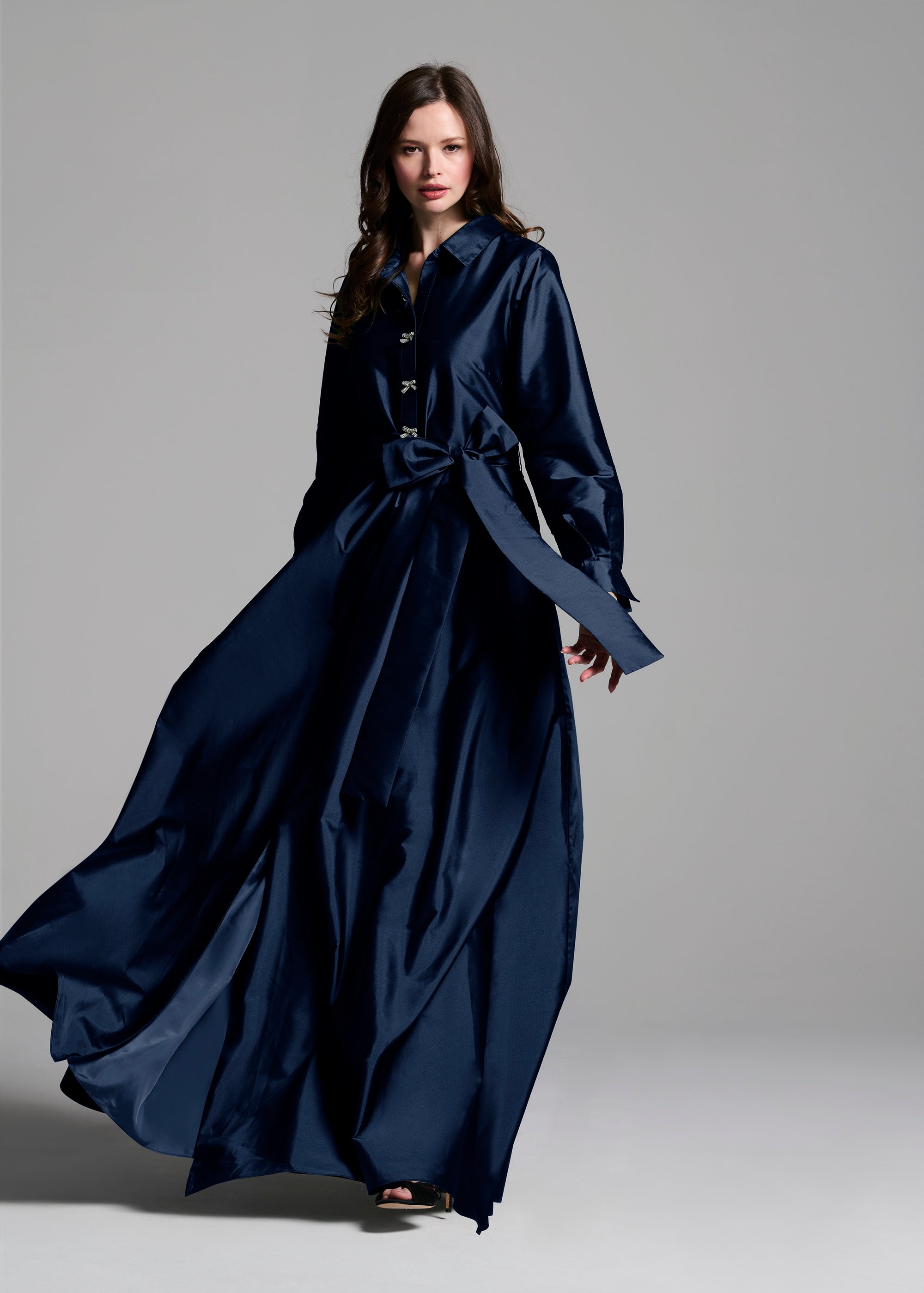 TAFFETA ALINE GOWN WITH CRYSTAL BUTTONS SILVER