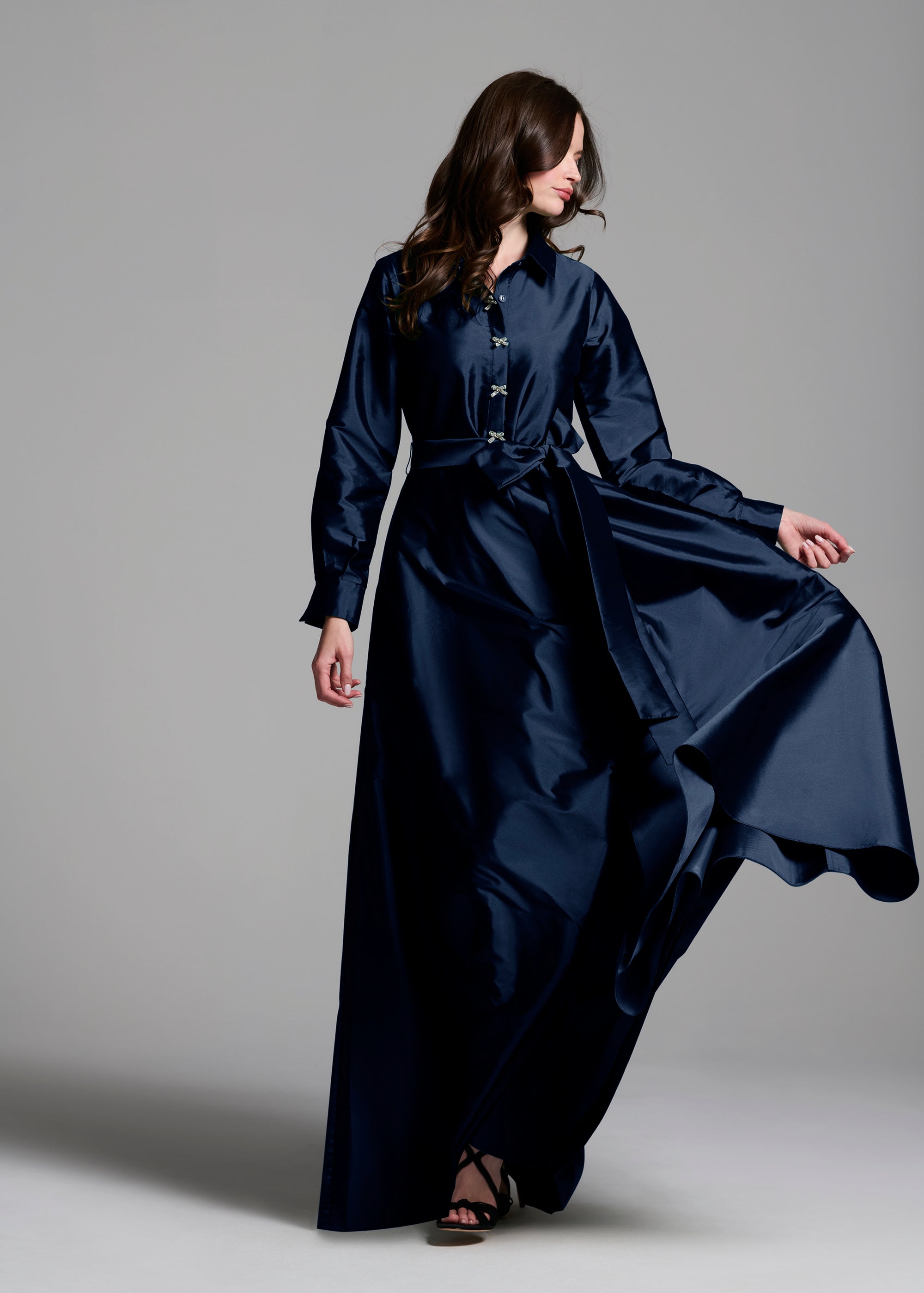 TAFFETA ALINE GOWN WITH CRYSTAL BUTTONS SILVER