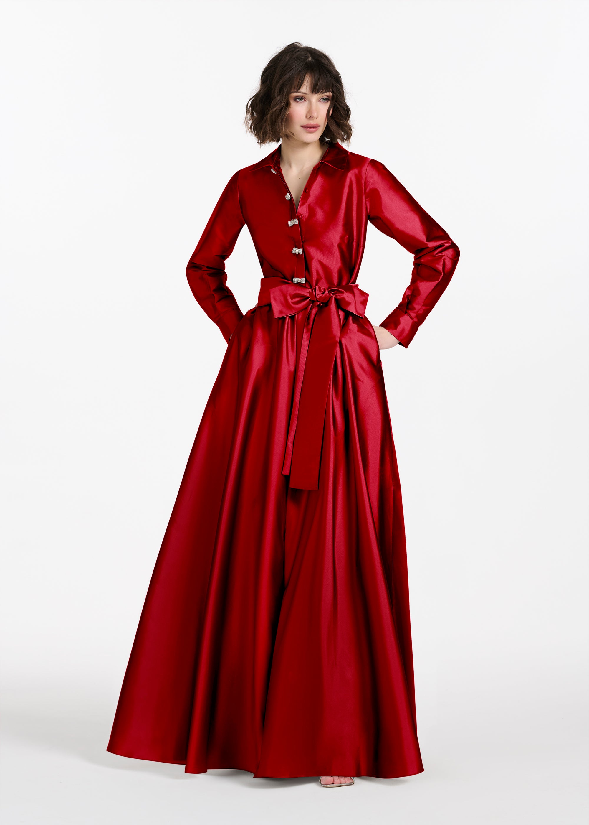 TAFFETA ALINE GOWN WITH CRYSTAL BUTTONS SILVER