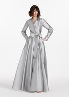 TAFFETA ALINE GOWN WITH CRYSTAL BUTTONS SILVER