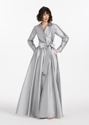 TAFFETA ALINE GOWN WITH CRYSTAL BUTTONS SILVER