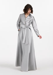 TAFFETA ALINE GOWN WITH CRYSTAL BUTTONS SILVER