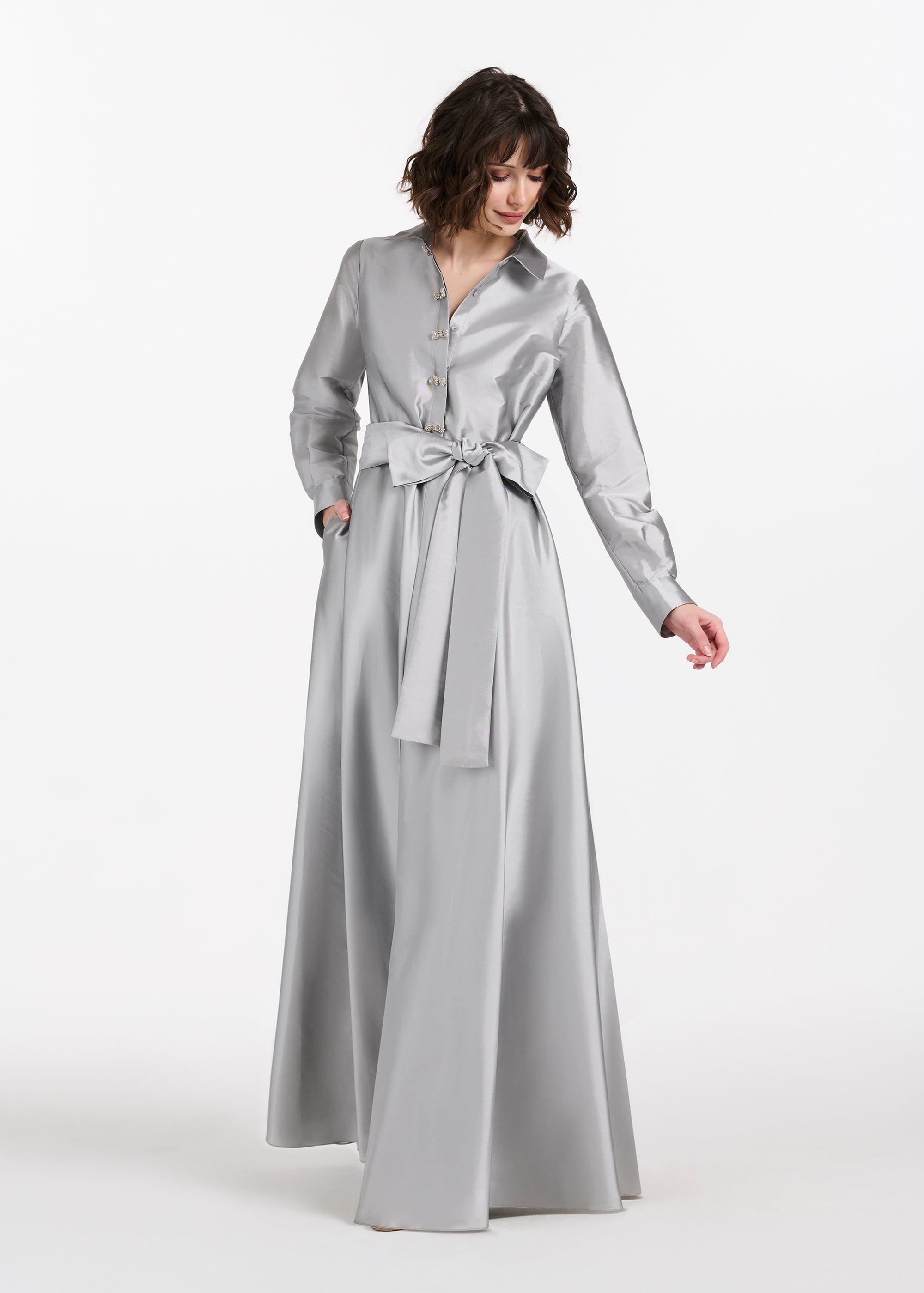 TAFFETA ALINE GOWN WITH CRYSTAL BUTTONS SILVER