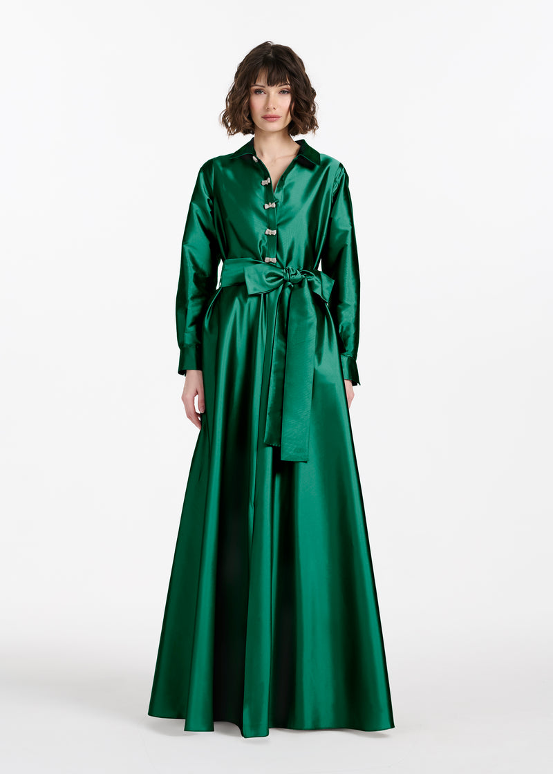 Taffeta Aline Gown With Crystal Buttons Emerald