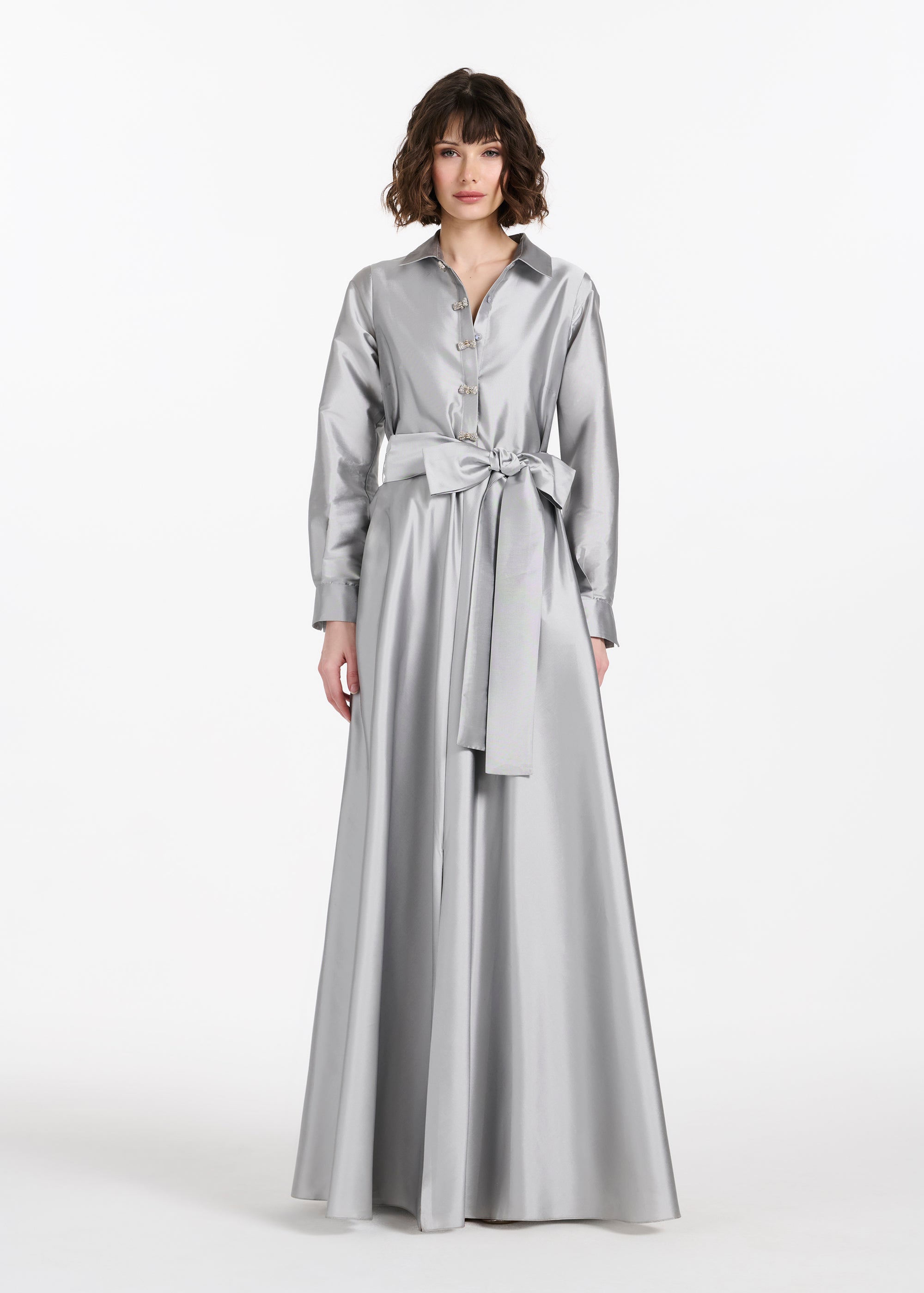 TAFFETA ALINE GOWN WITH CRYSTAL BUTTONS SILVER