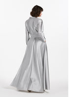 TAFFETA ALINE GOWN WITH CRYSTAL BUTTONS SILVER