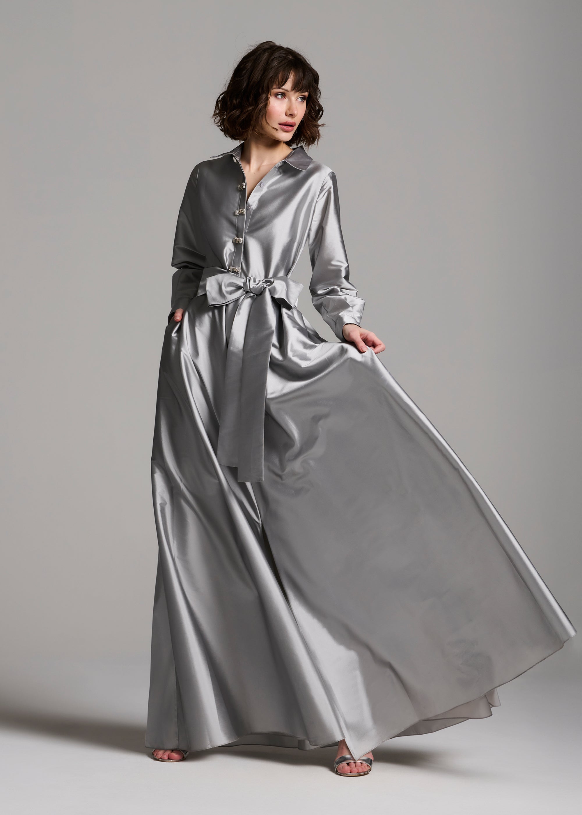 TAFFETA ALINE GOWN WITH CRYSTAL BUTTONS SILVER