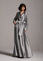 TAFFETA ALINE GOWN WITH CRYSTAL BUTTONS SILVER
