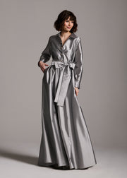 TAFFETA ALINE GOWN WITH CRYSTAL BUTTONS SILVER