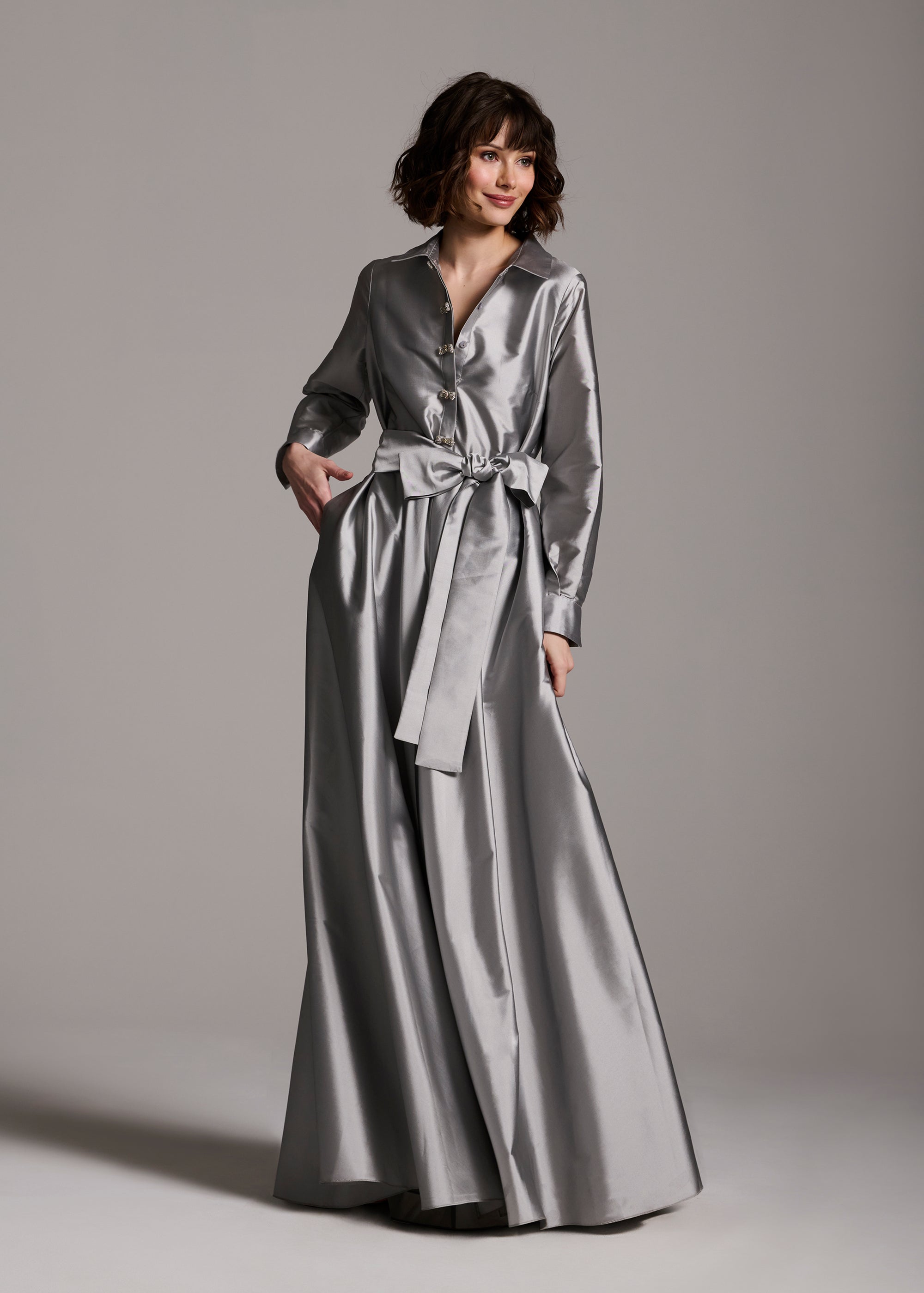 TAFFETA ALINE GOWN WITH CRYSTAL BUTTONS SILVER