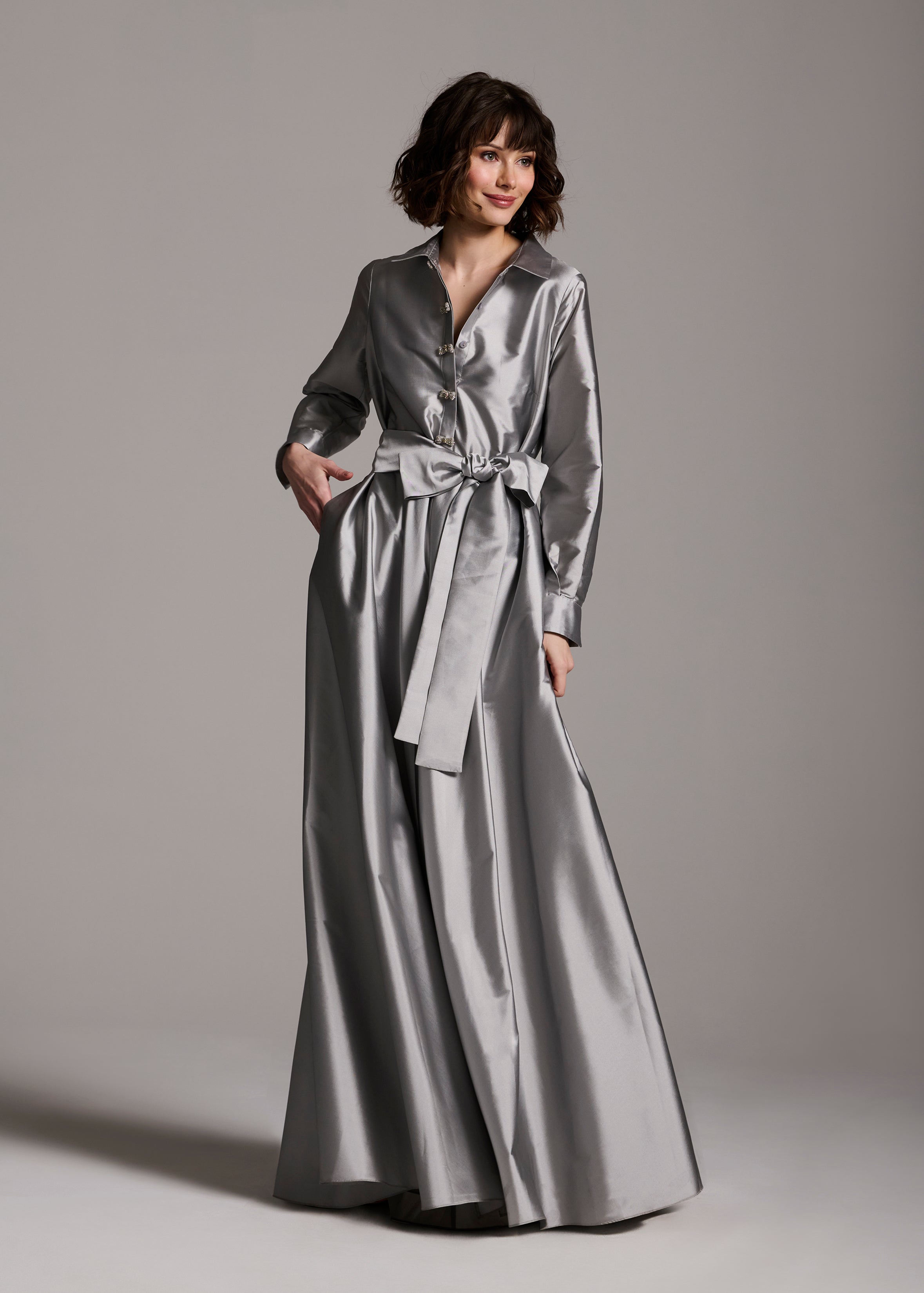 TAFFETA ALINE GOWN WITH CRYSTAL BUTTONS SILVER