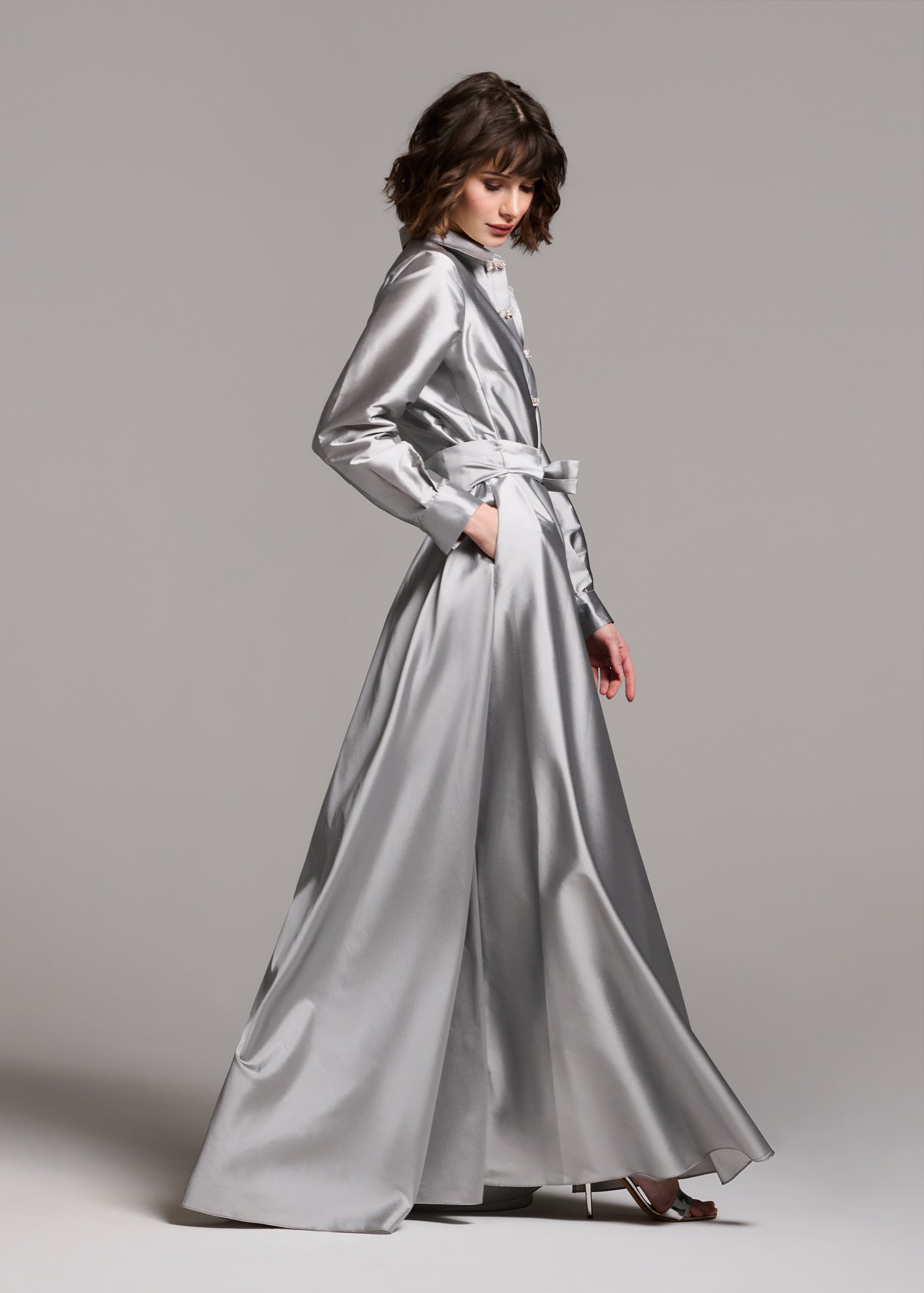 TAFFETA ALINE GOWN WITH CRYSTAL BUTTONS SILVER