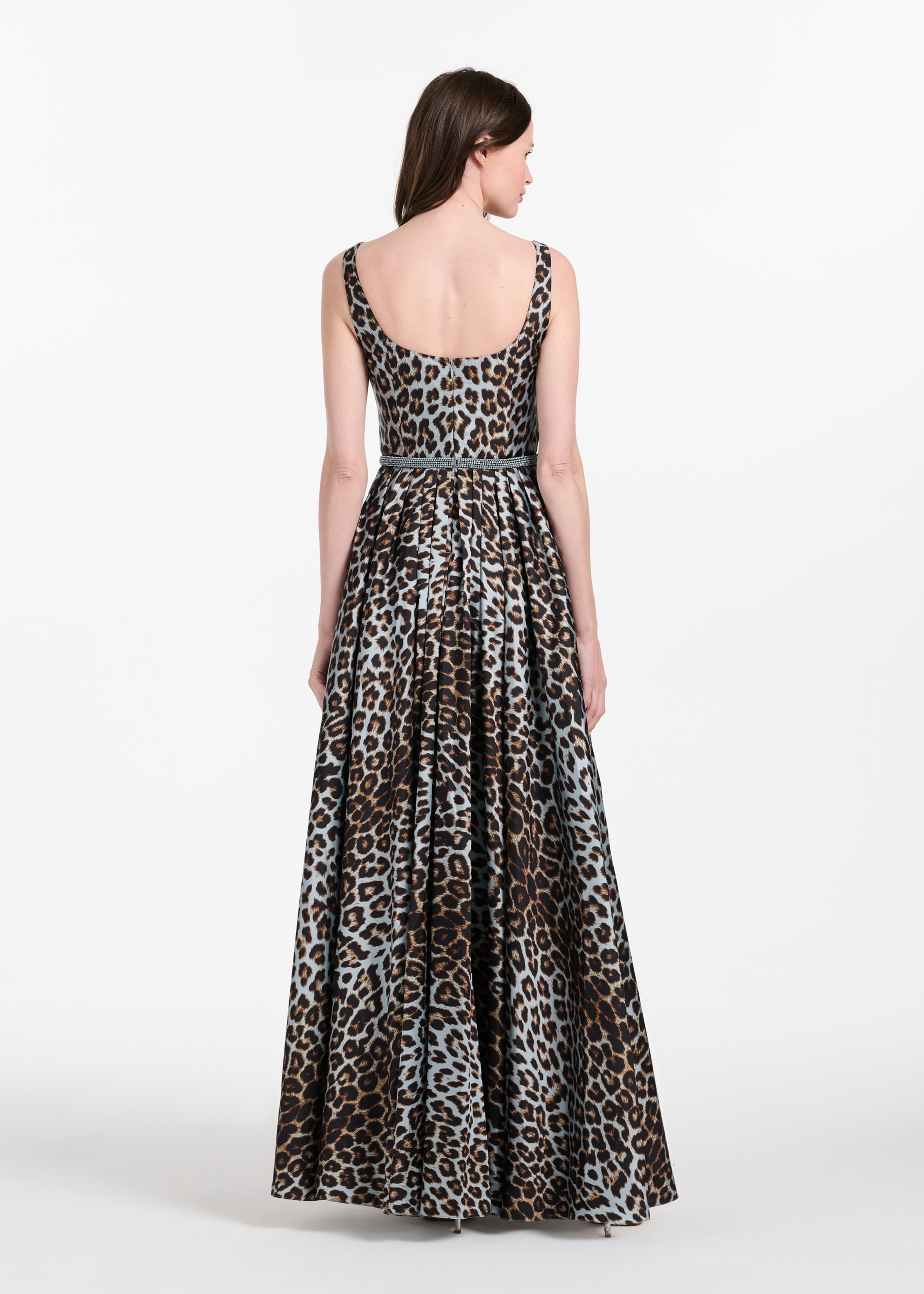 TAFFETA ANIMAL SQUARE NECK GOWN WITH CRYSTAL TRIM