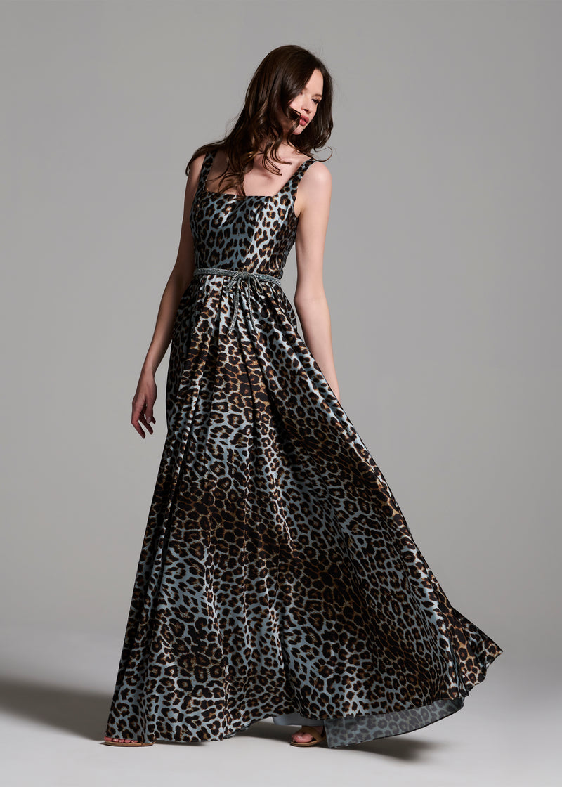 TAFFETA ANIMAL SQUARE NECK GOWN WITH CRYSTAL TRIM