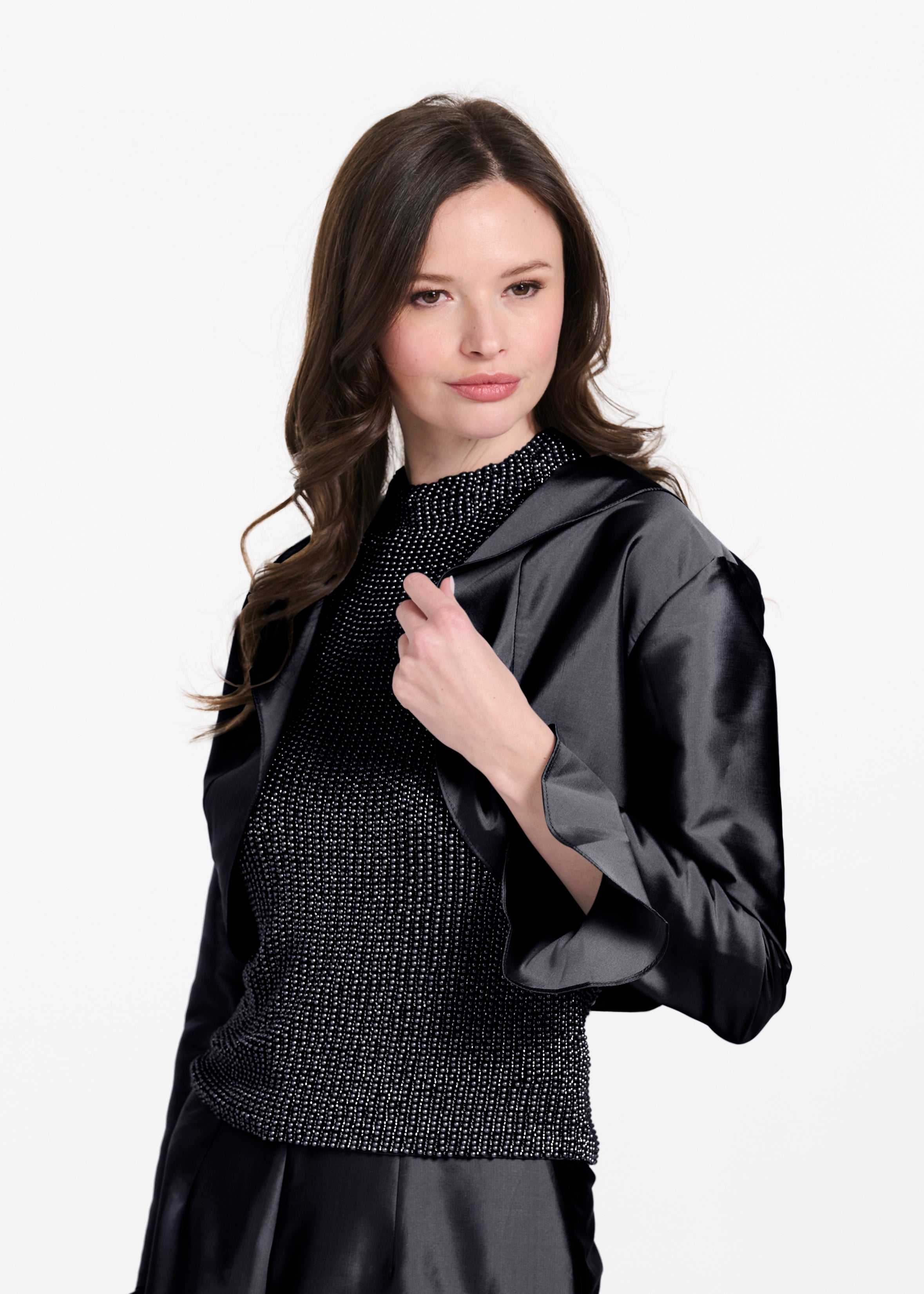Taffeta Ruffle Bolero Black | Emily Shalant