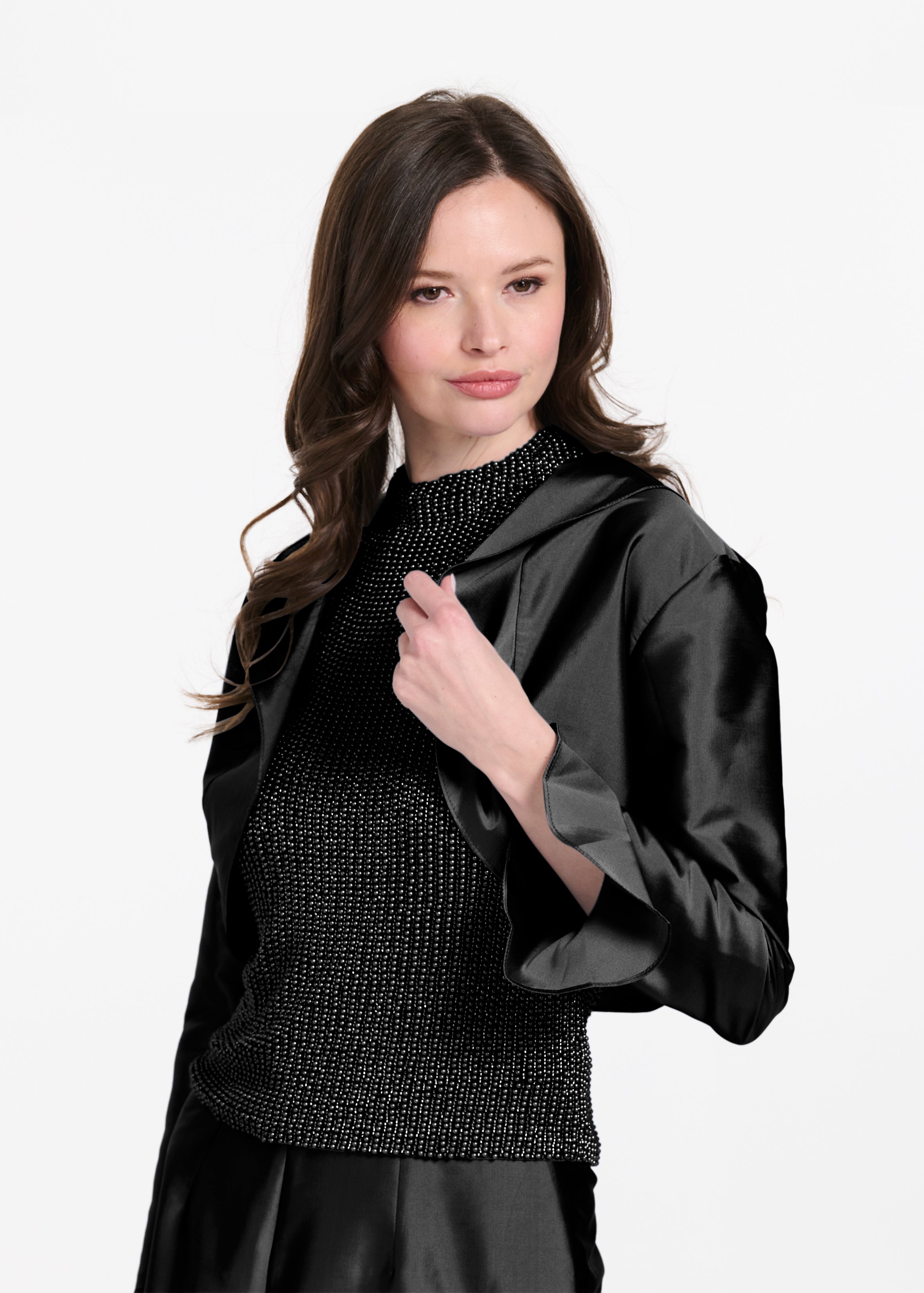 Taffeta Ruffle Bolero Black | Emily Shalant