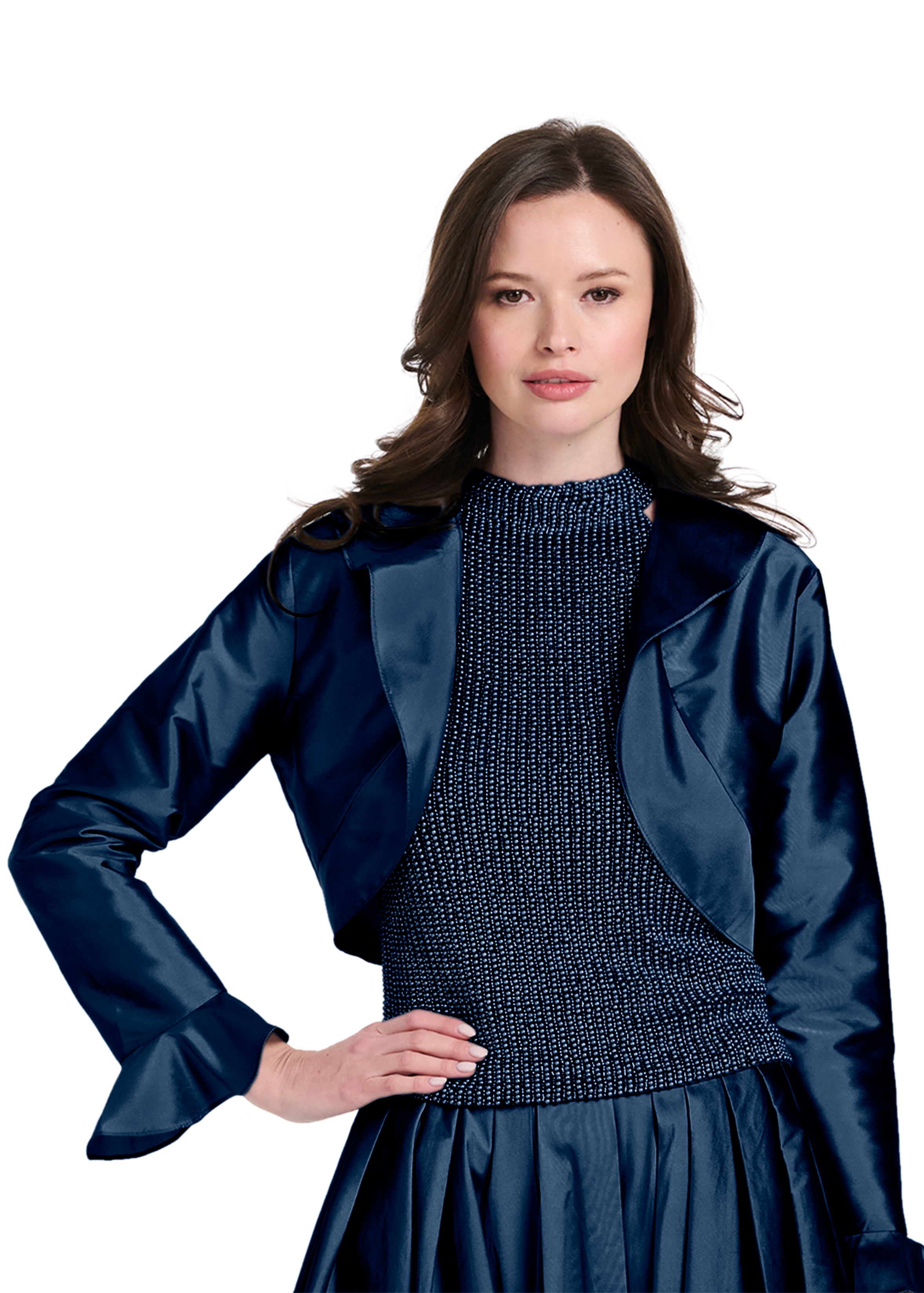 TAFFETA RUFFLE BOLERO NAVY | Emily Shalant