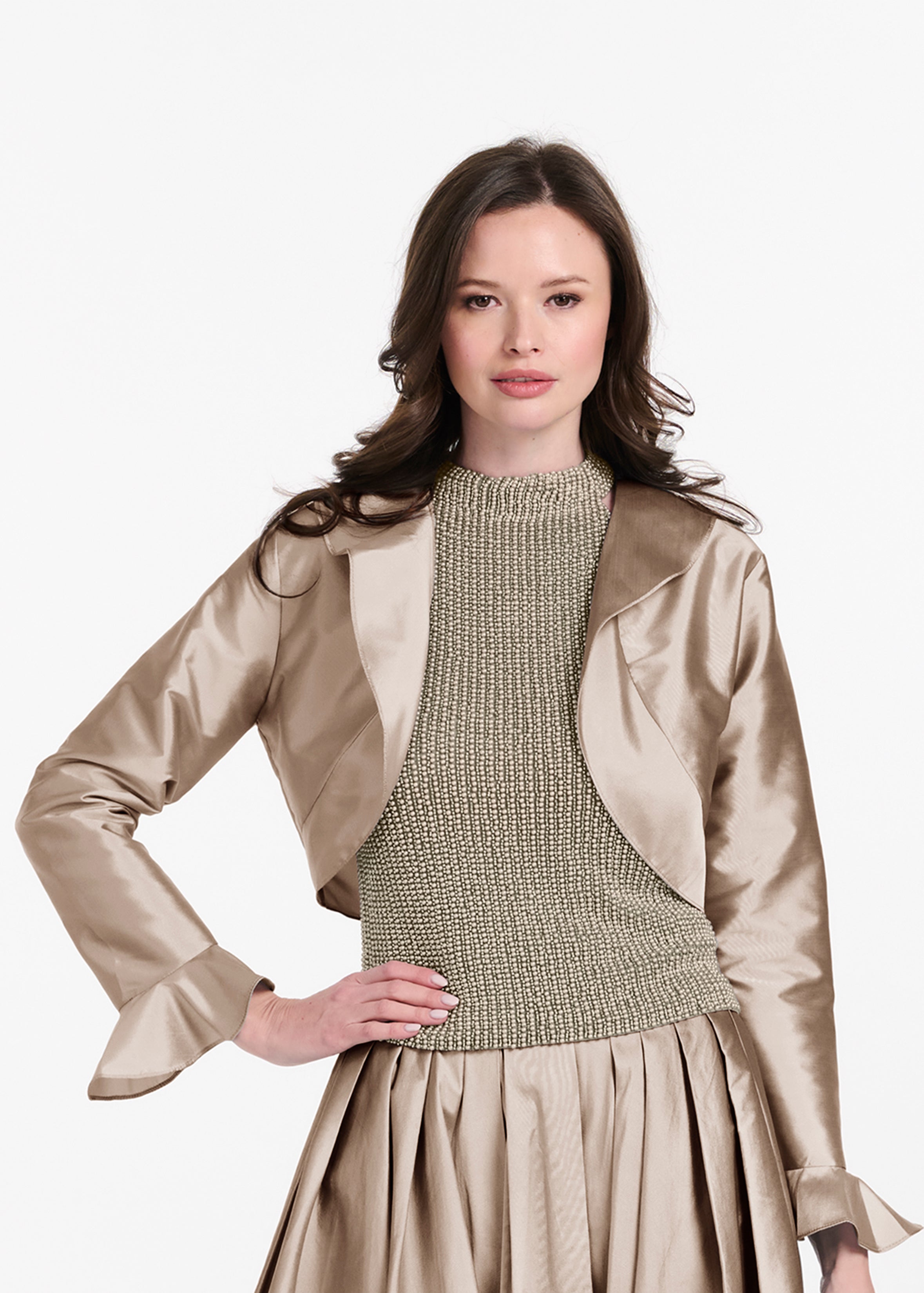 TAFFETA RUFFLE BOLERO SUNTAN | Emily Shalant