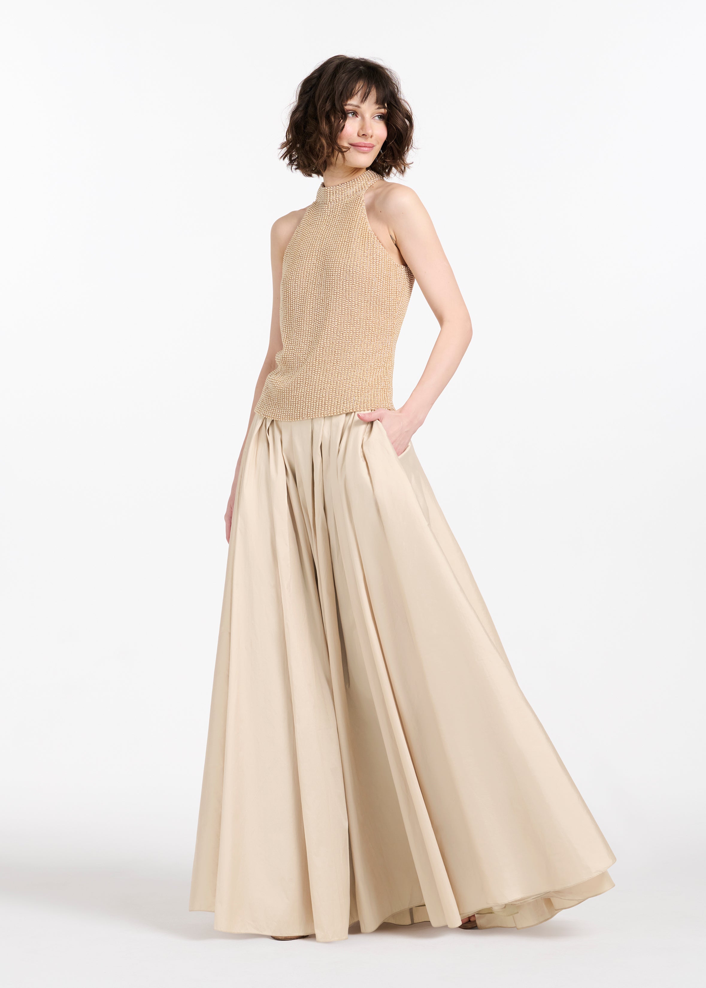 CHAMPAGNE PEARL ENCRUSTED SLEEVELESS MOCK NECK | Emily Shalant