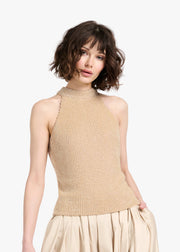CHAMPAGNE PEARL ENCRUSTED SLEEVELESS MOCK NECK