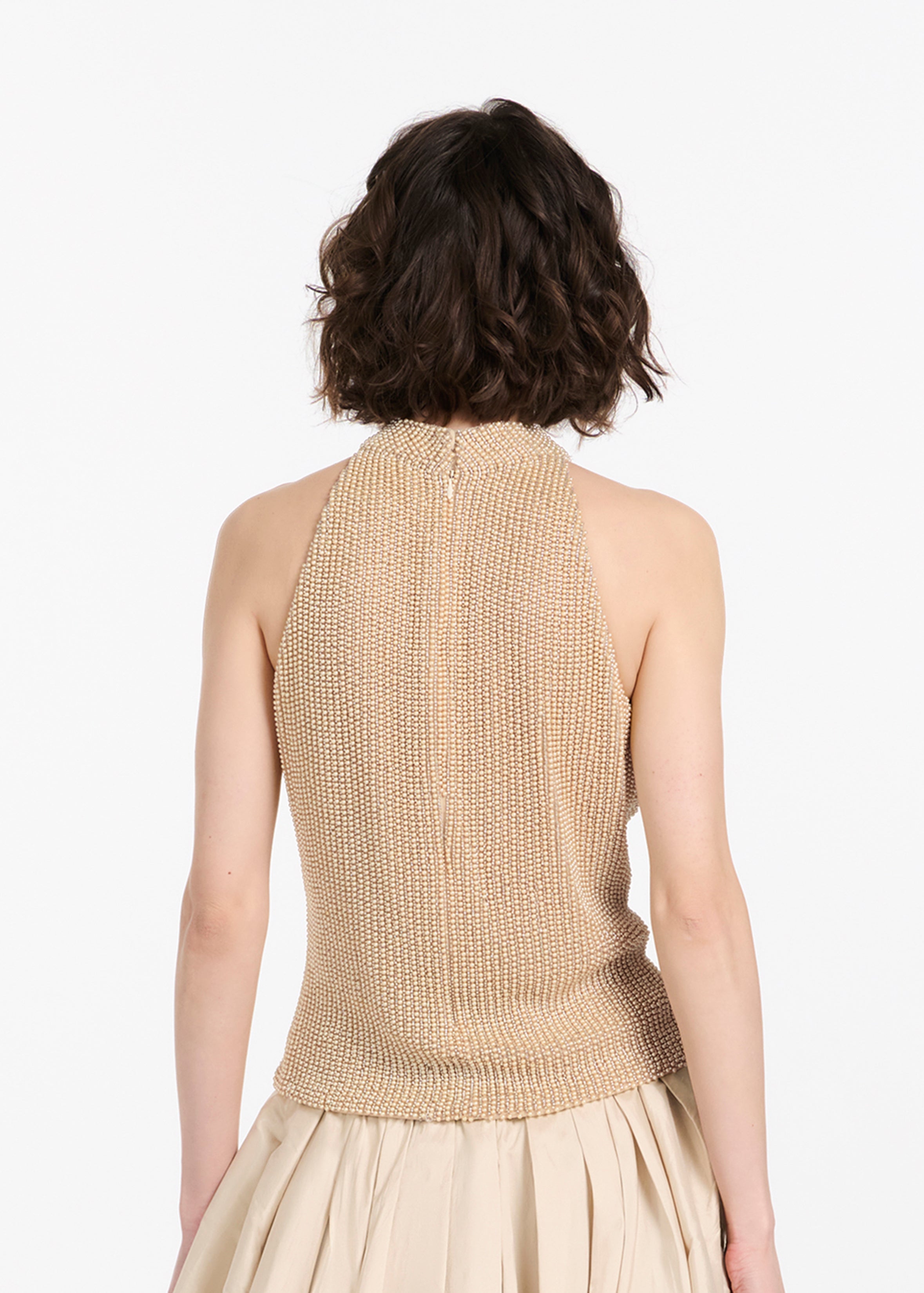 Champagne Pearl Encrusted Sleeveless Mock Neck | Emily Shalant